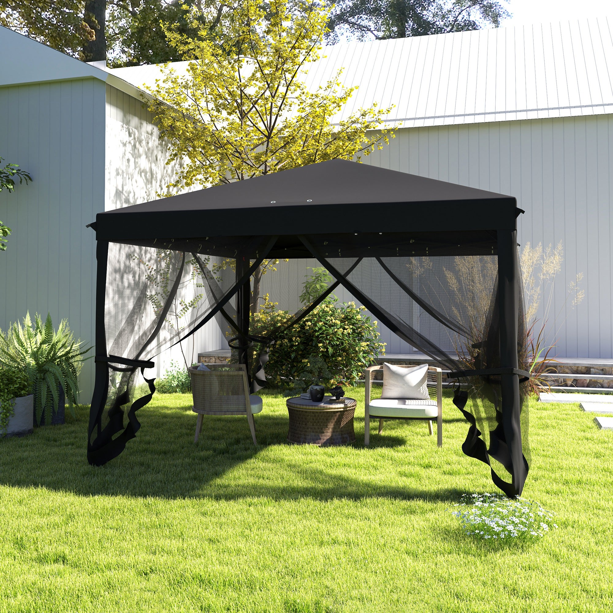 Outsunny 3 x 3\'c2\'a0m Pop Up Gazebo, 420D Garden Tent Canopy with Removable Mesh Sidewall Netting, Carry Bag for Garden Patio Outdoor, Black