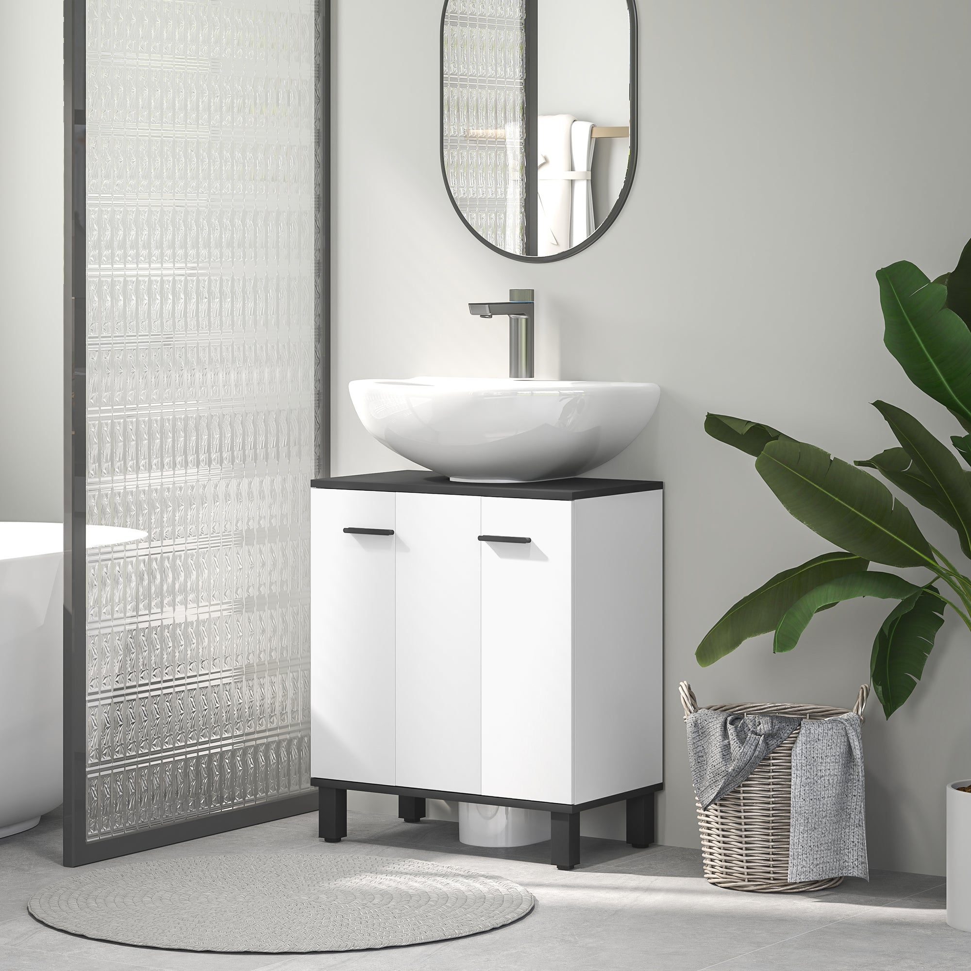 HOMCOM Under Sink Bathroom Cabinet, Modern Under Sink Cabinet with Adjustable Shelf for Basin with or without Pedestal, 60 x 34 x 70cm, High Gloss White