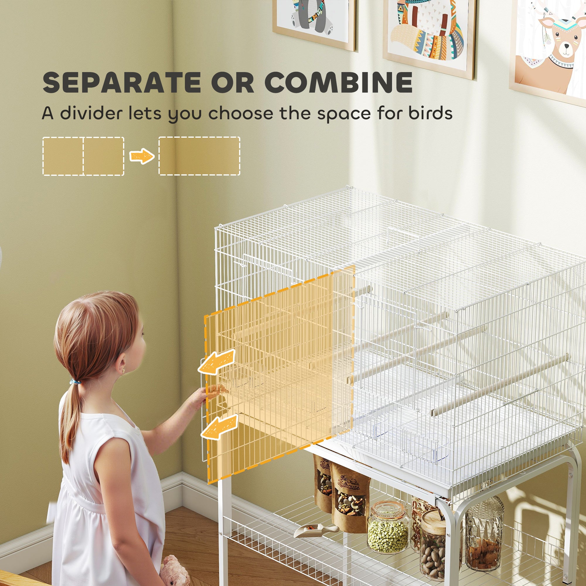 PawHut Bird Cage with Divider, 4 Wooden Perches, Slide Out Tray, 4 Feeders, for Budgie, Lovebird, Canary, 76 x 46 x 116cm White
