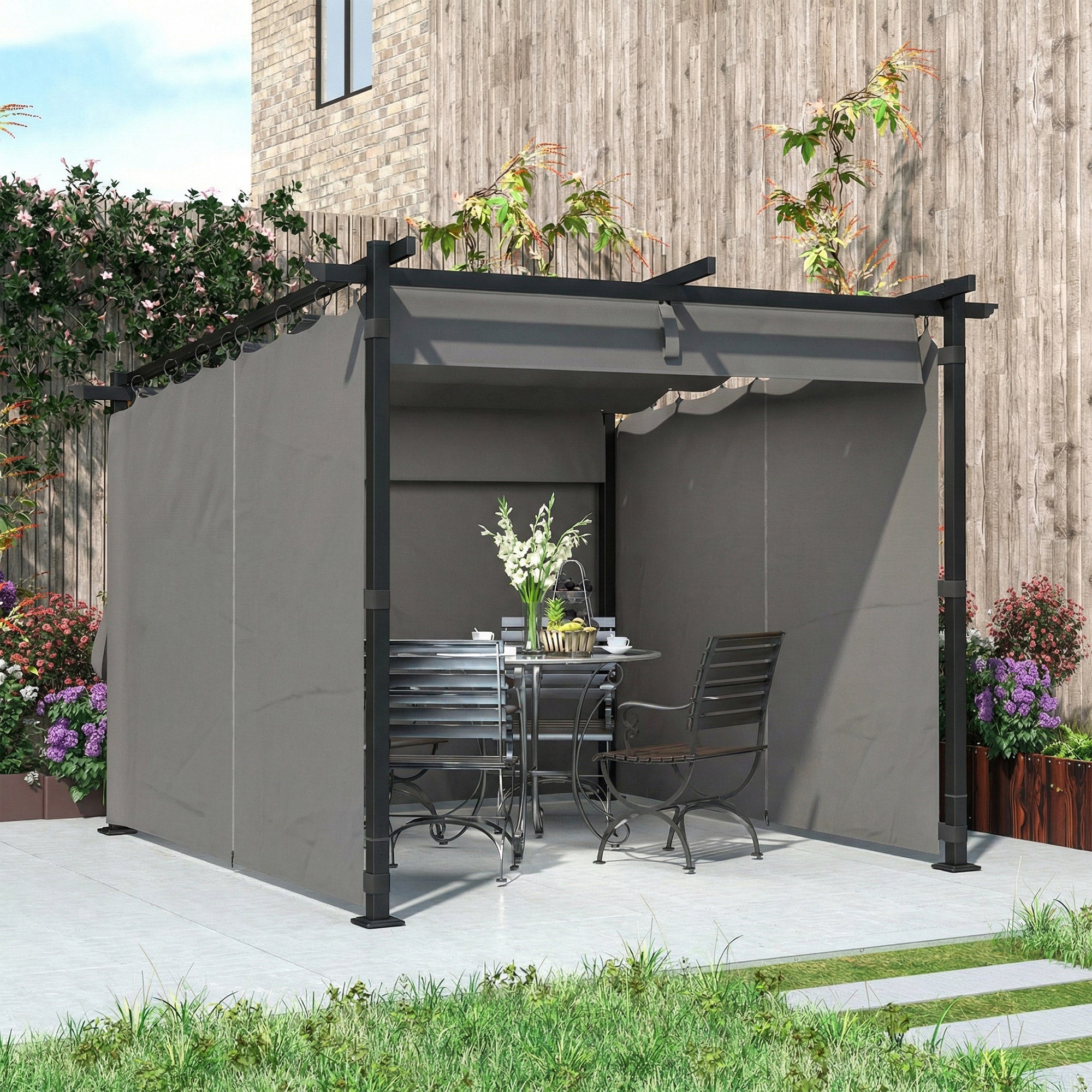 Outsunny 3 x 3 m Retractable Roof Pergola, with Curtains - Light Grey