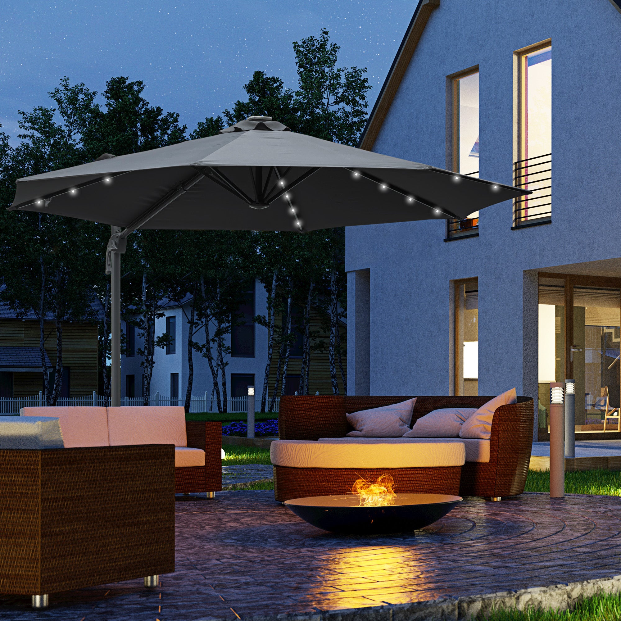 Outsunny 3(m) Cantilever Roma Parasol Patio Sun Umbrella with Crank & Tilt LED Solar Light Cross Base 360\'c2\'b0 Rotating Outdoor, Dark Grey