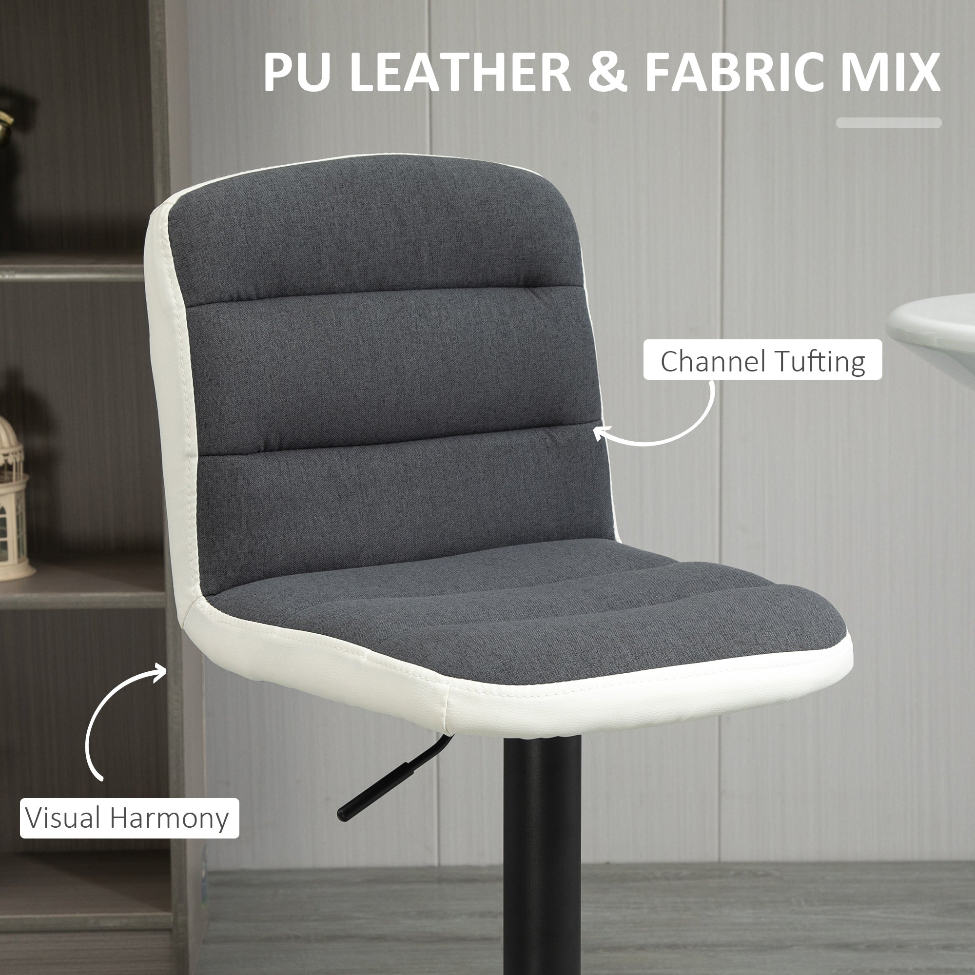 HOMCOM Bar Stools Set of 2, Height Adjustable Bar Chairs in Fabric and Faux Leather, 360° Swivel Kitchen Stool with Backrest and Footrest, Dark Grey