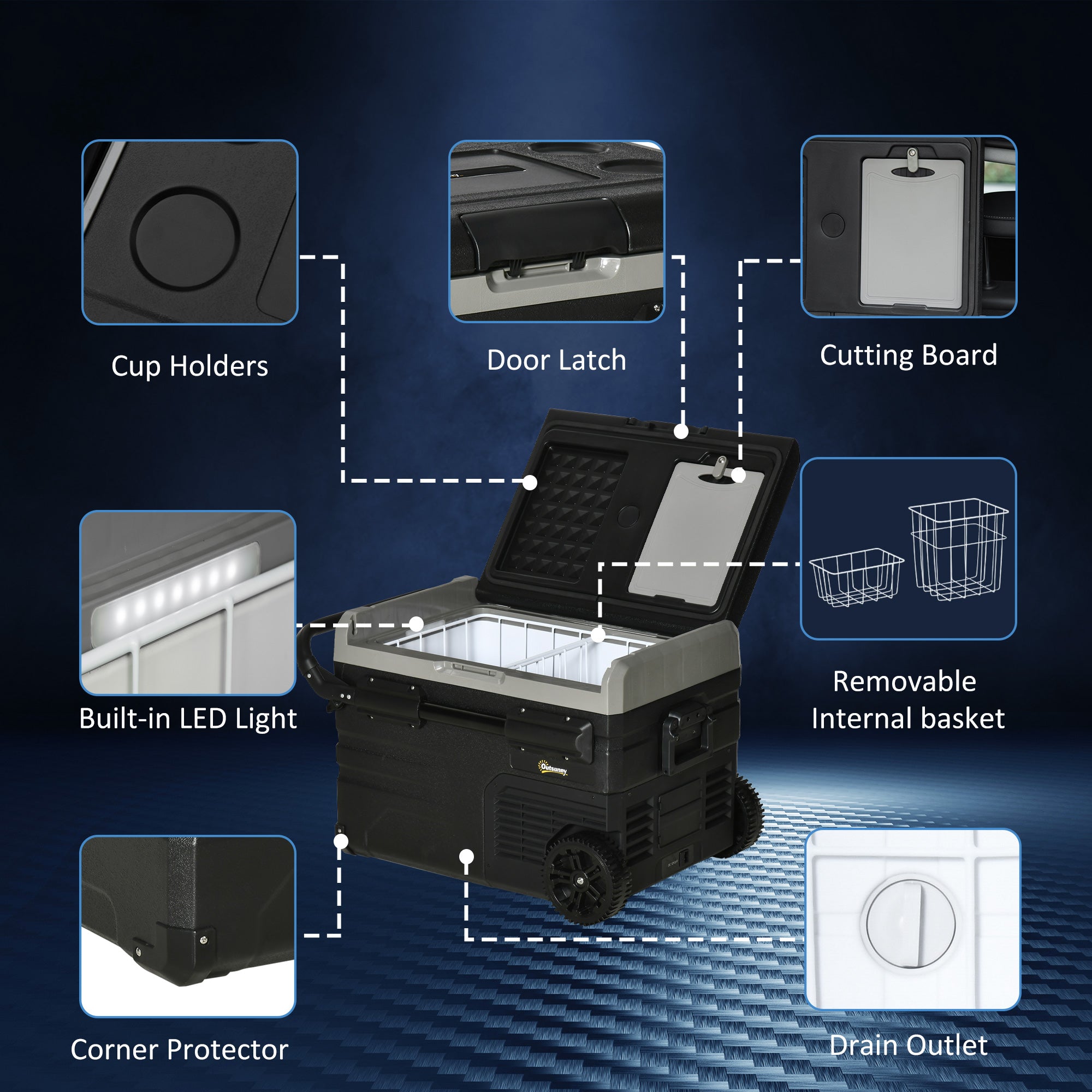 Outsunny 40L Car Refrigerator, Portable Compressor Cooler Box, Fridge Freezer w/ Inner LED Light, Foldable Handles, Cup Holders, 12/24V DC and 110-240V AC for Campervan RV Boat Travel Down to -20\'e2\'84\'83