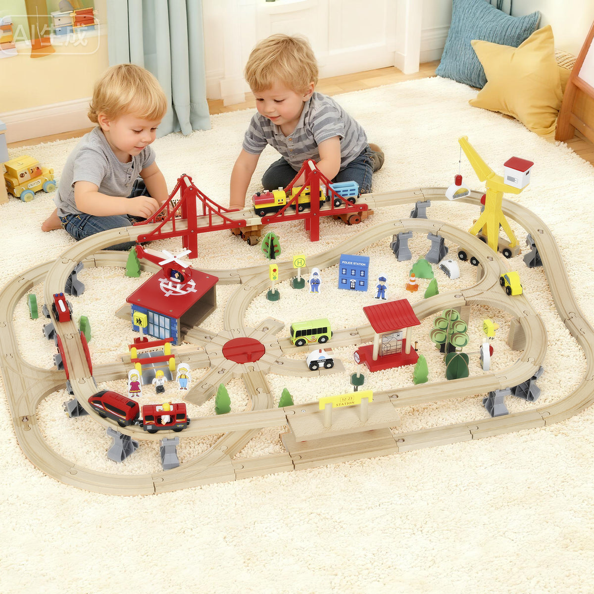 AIYAPLAY 133-Piece Wooden Train Set, Toy Train with Crane, Storage Box, for Kids Ages 3+