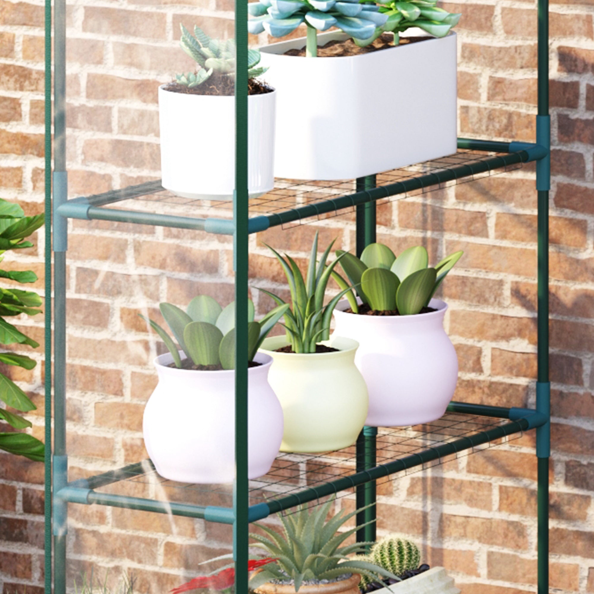 Outsunny Walk in Greenhouse with 4-Tier 8 Shelves, Green House with Hemmed Cover, Roll-up Zipped Door, Steel Frame, 143 x 73 x 195cm