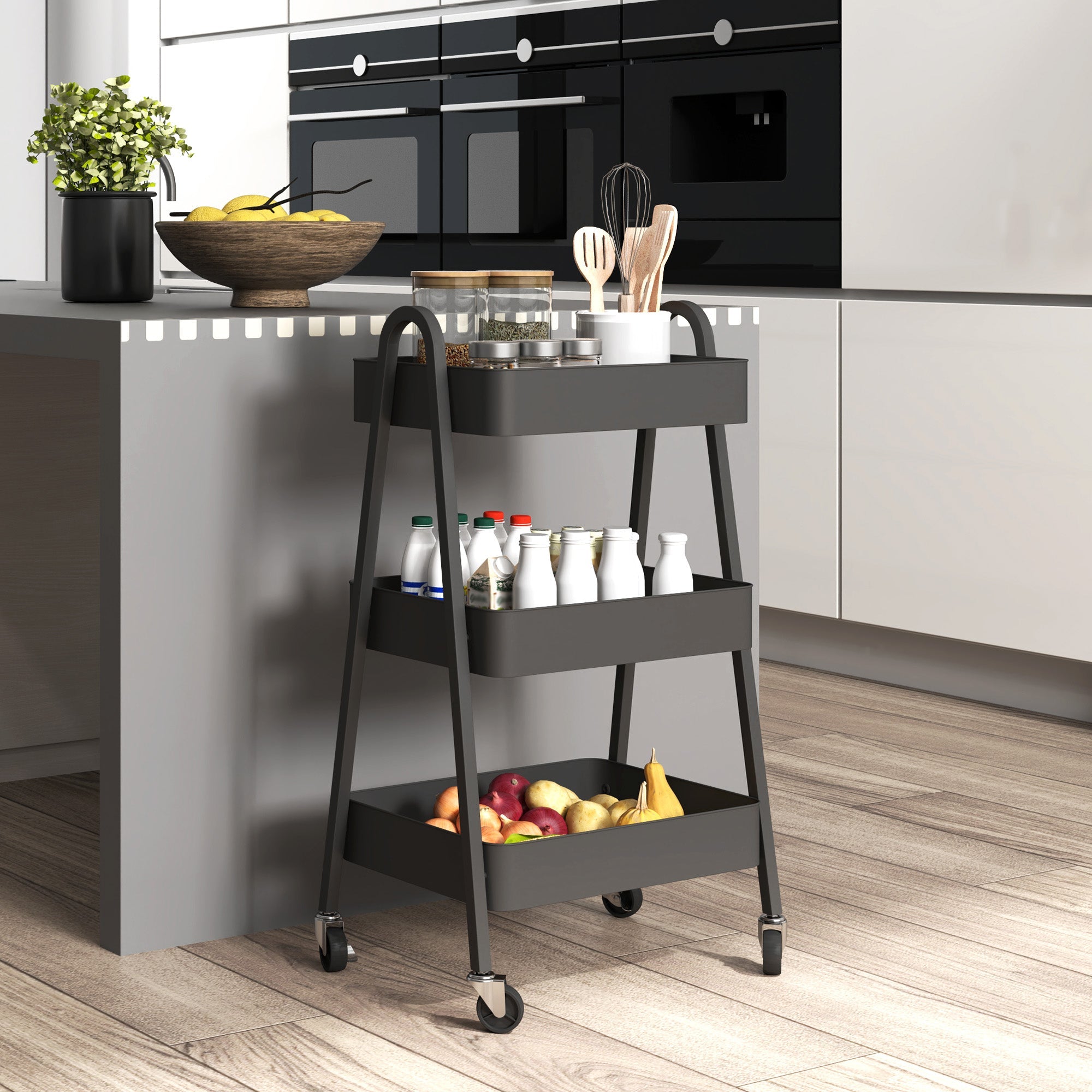 HOMCOM Three-Tier Storage Trolley - Black