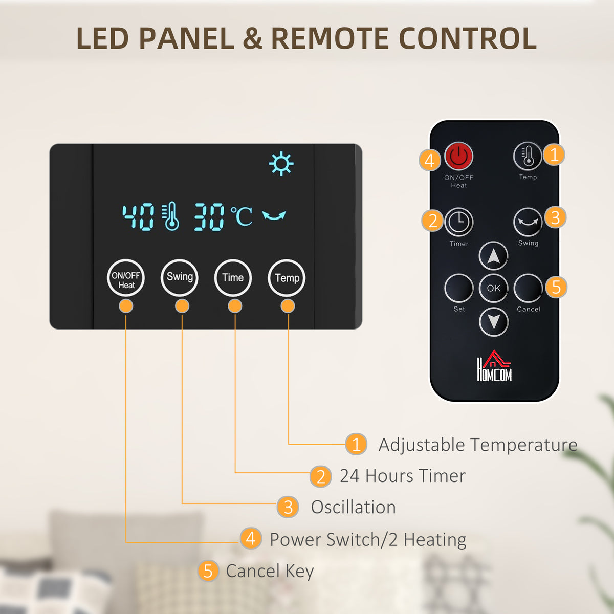 HOMCOM 2kW Wall-Mounted Heater, 18-45°C Temperature - Black
