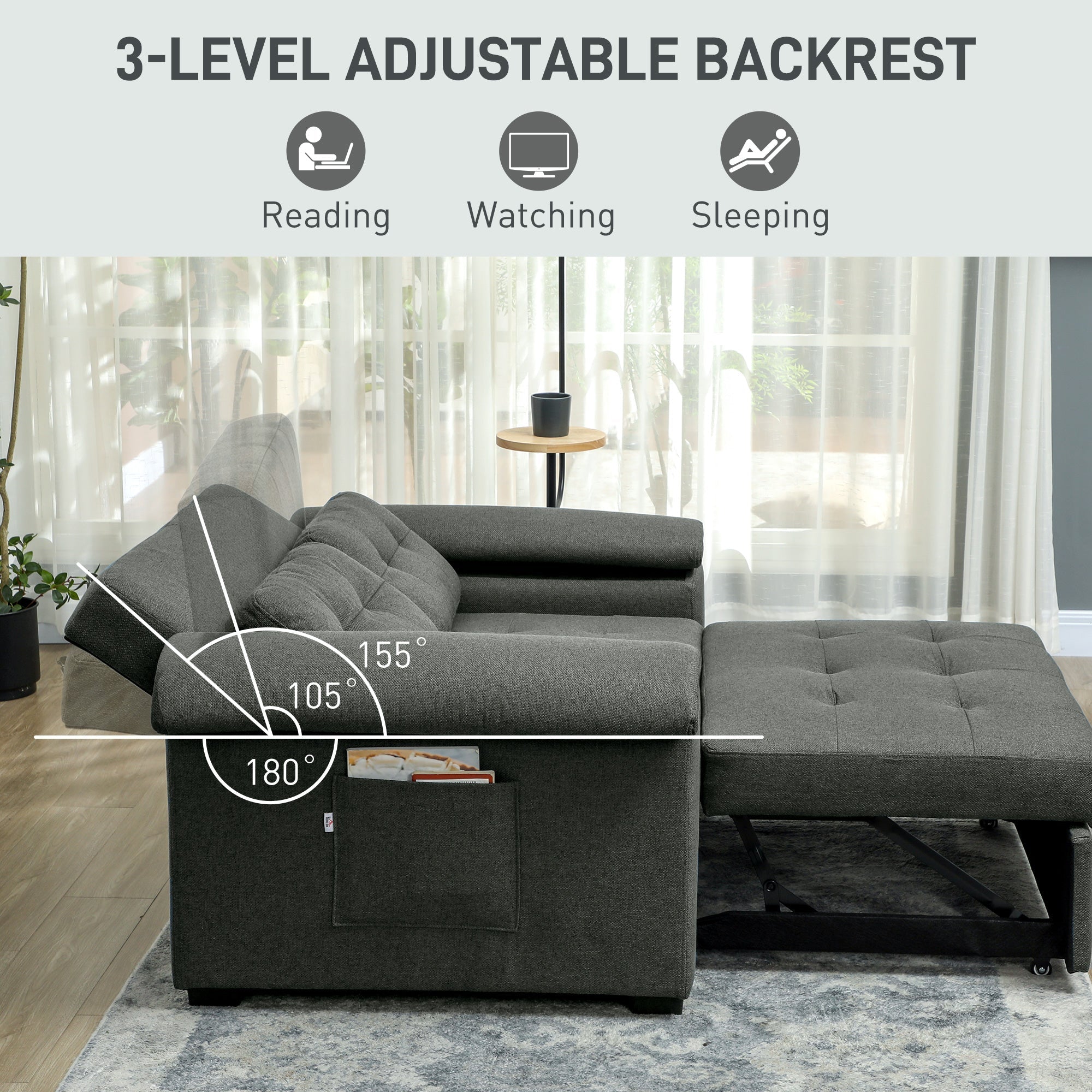 HOMCOM Pull Out Sofa Bed with 2 Pocket Springs, Fabric 2 Seater Click Clack Sofa Bed Settee, Convertible Sofa Couch with Pillows and Side Pockets for Living Room, Home Office, Charcoal Grey