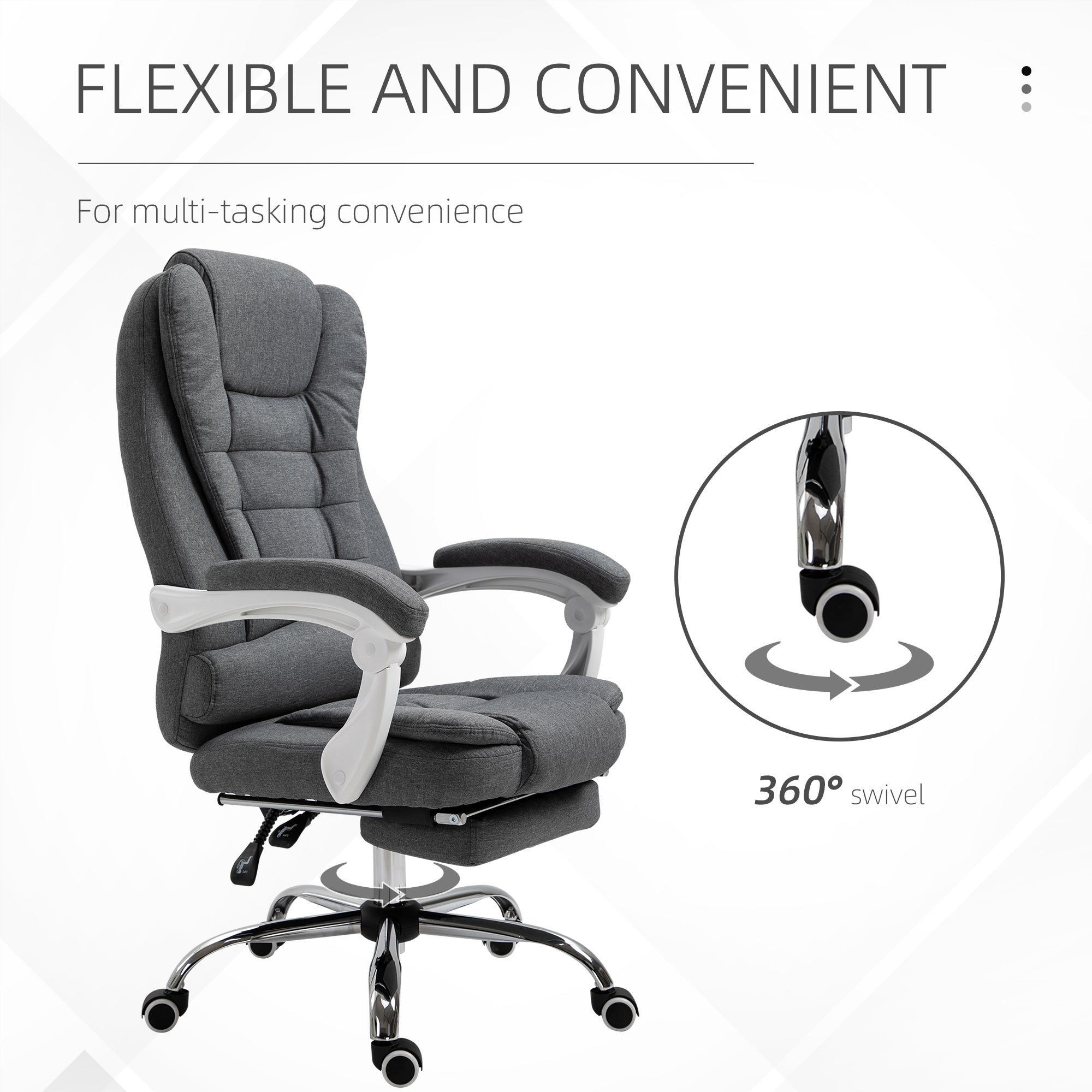Vinsetto Office Chair, Computer Desk Chair, Linen Fabric Swivel Rolling Task Chair with Large Soft Padded Cushion, 135\'c2\'b0 Reclining Backrest and Retractable Footrest, Grey