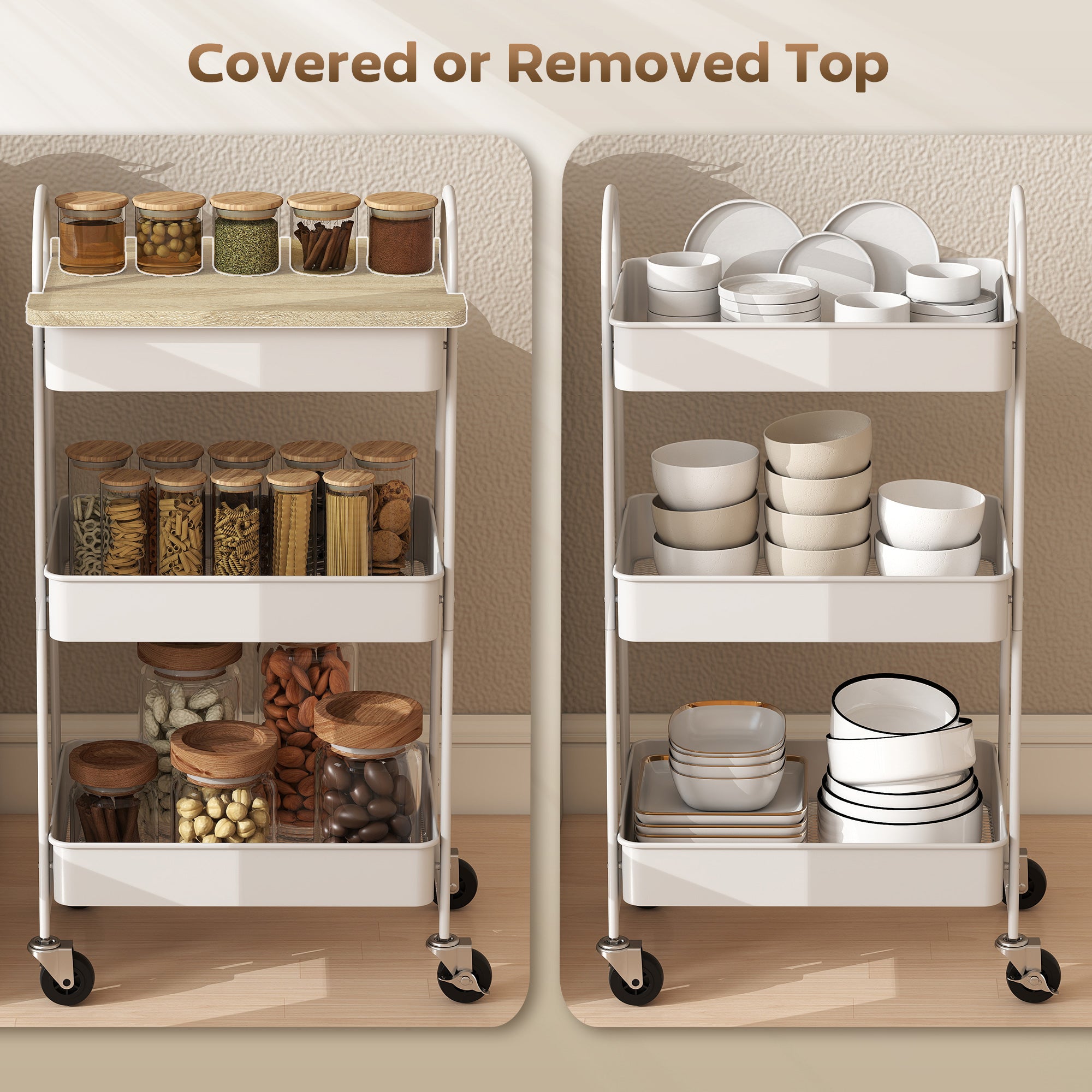 HOMCOM 3-Tier Kitchen Storage Trolley with on Wheels Cover Top Board - White and Oak