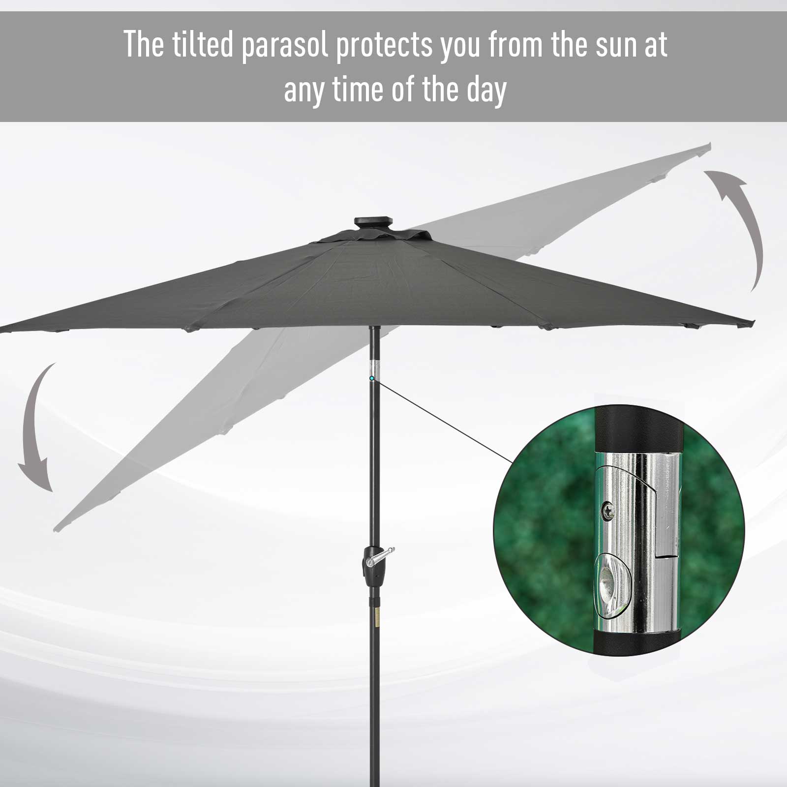 Outsunny Φ2.7m Garden 24 LED Light Parasol Solar Outdoor Tilt Sun Umbrella Patio Club Party Event Manual Sun Shade w/ Hand Crank and 8 Ribs, Grey