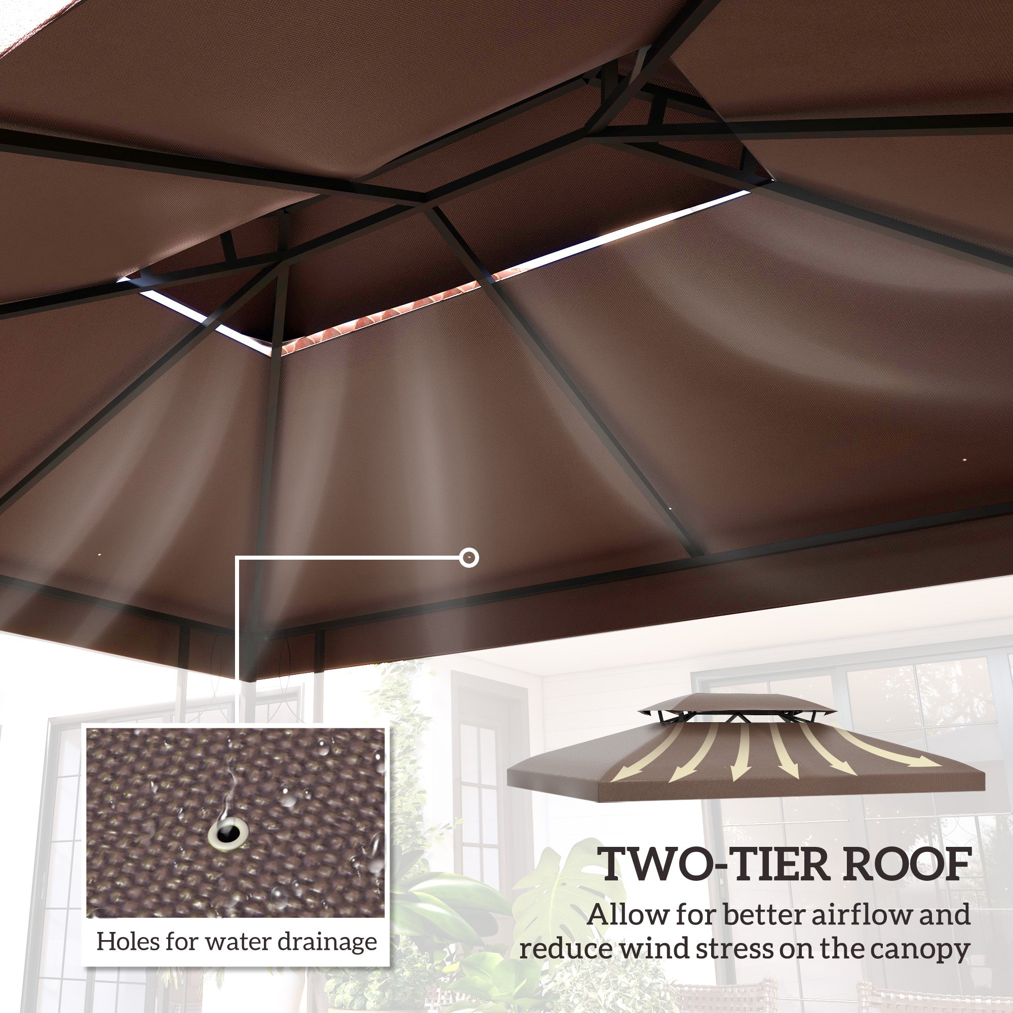 Outsunny 3x4m Gazebo Canopy Replacement Cover, 2 Tier Top Roof UV Cover Garden Patio Outdoor Sun Awning Shelters, Brown (TOP COVER ONLY)