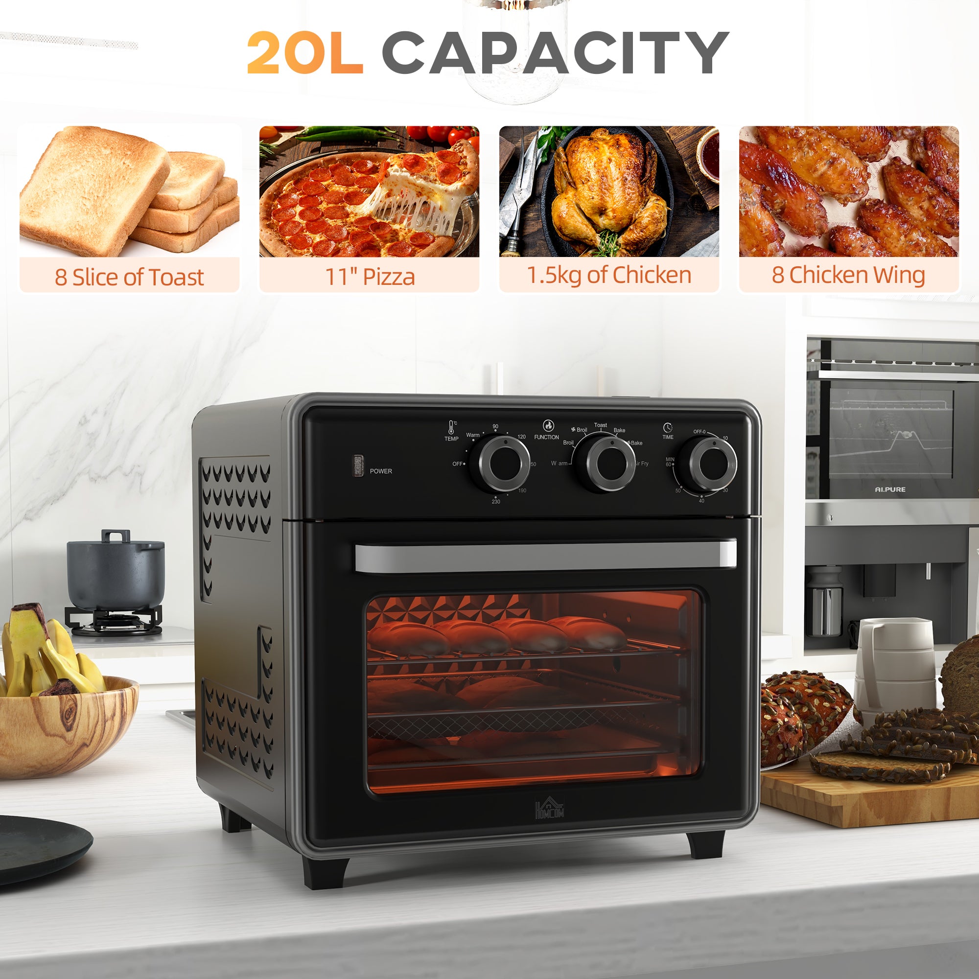 HOMCOM 20L 90-230\'e2\'84\'83 Mini Convection Oven, with Air Fry Function - Black
