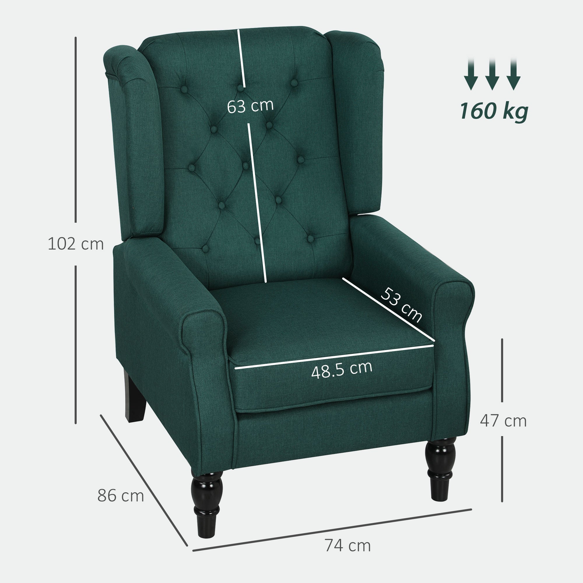 HOMCOM Wingback Accent Chair, Retro Upholstered Button Tufted Occasional Chair for Living Room and Bedroom, Dark Green