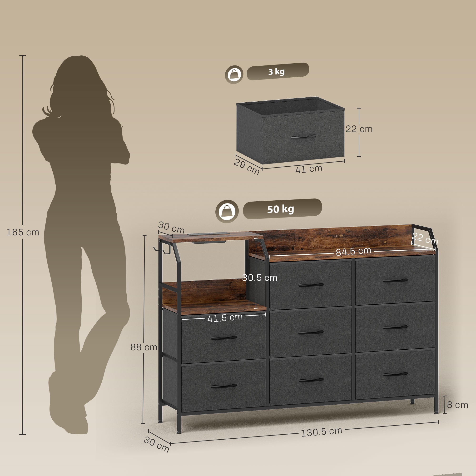 HOMCOM Chest of Eight Drawers, with Charging Station - Brown/Black