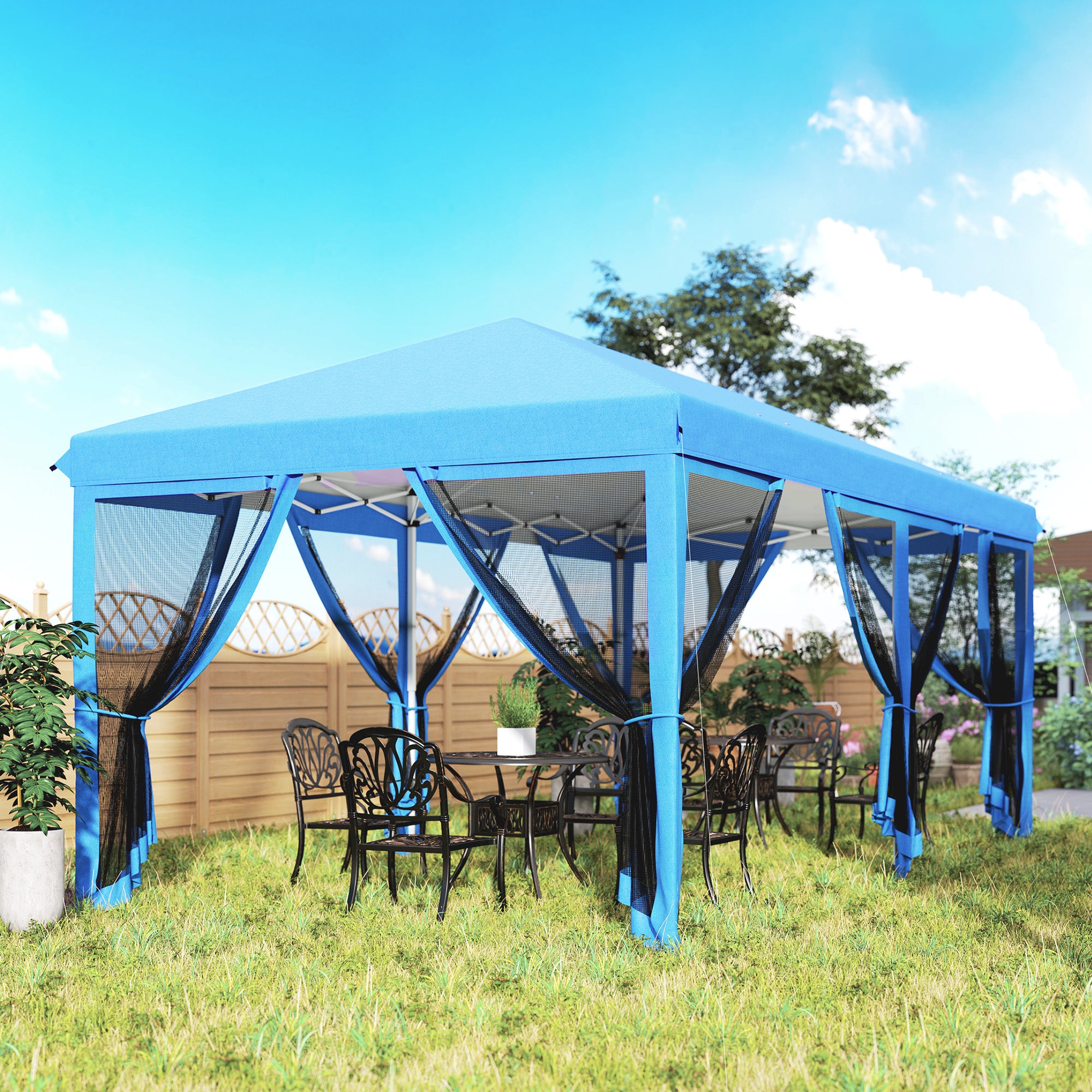 Outsunny 3 x 6m Pop Up Gazebo, Outdoor Canopy Shelter, Marquee Party Wedding Tent with 6 Mesh Walls and Carry Bag, Blue