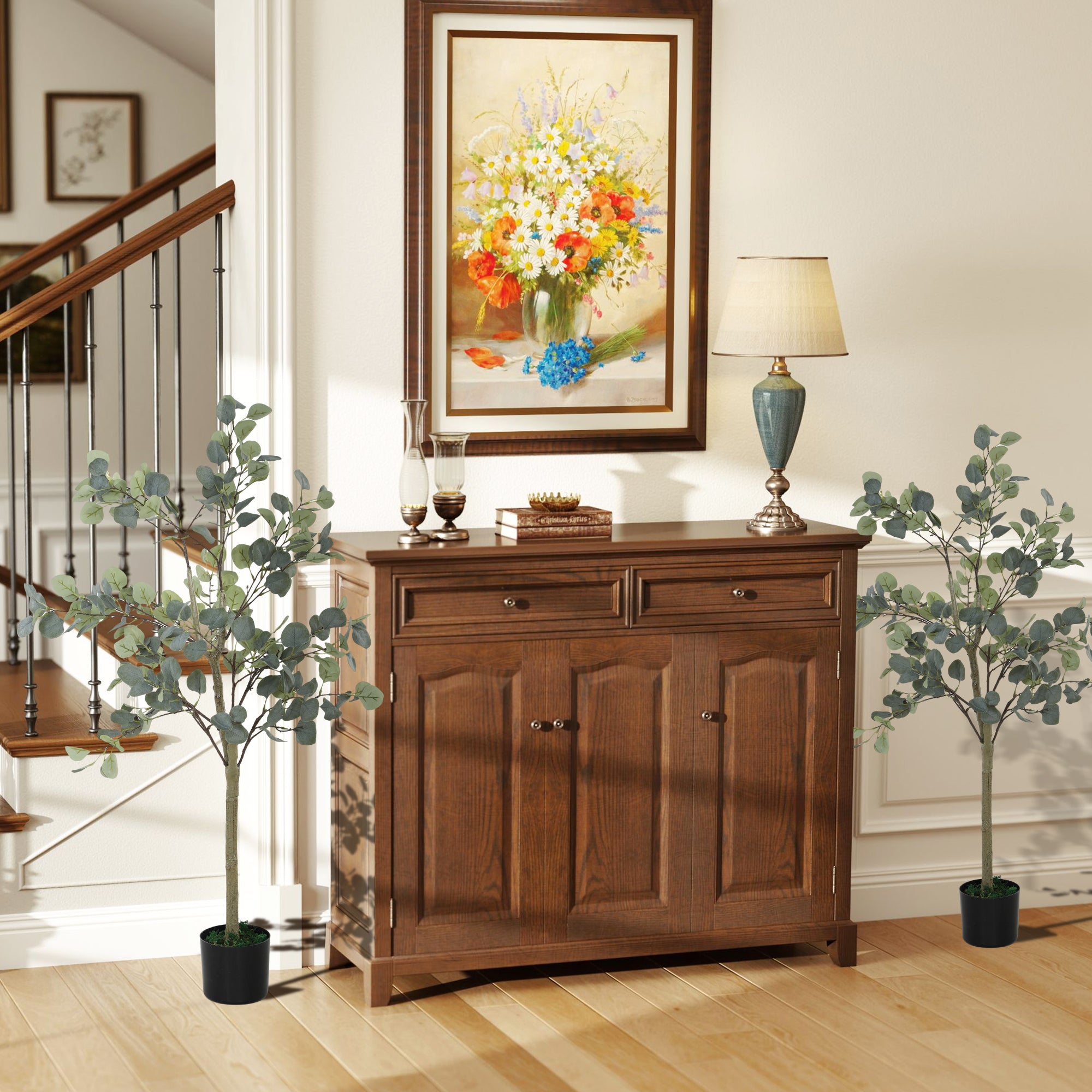 HOMCOM Set of 2 Decorative Artificial Tree, 4ft/ 120cm Silk Eucalyptus Trees with 230 Silver Dollar Leaves in Pot, Fake Plants for Home, Office, Living Room, Indoor Decor