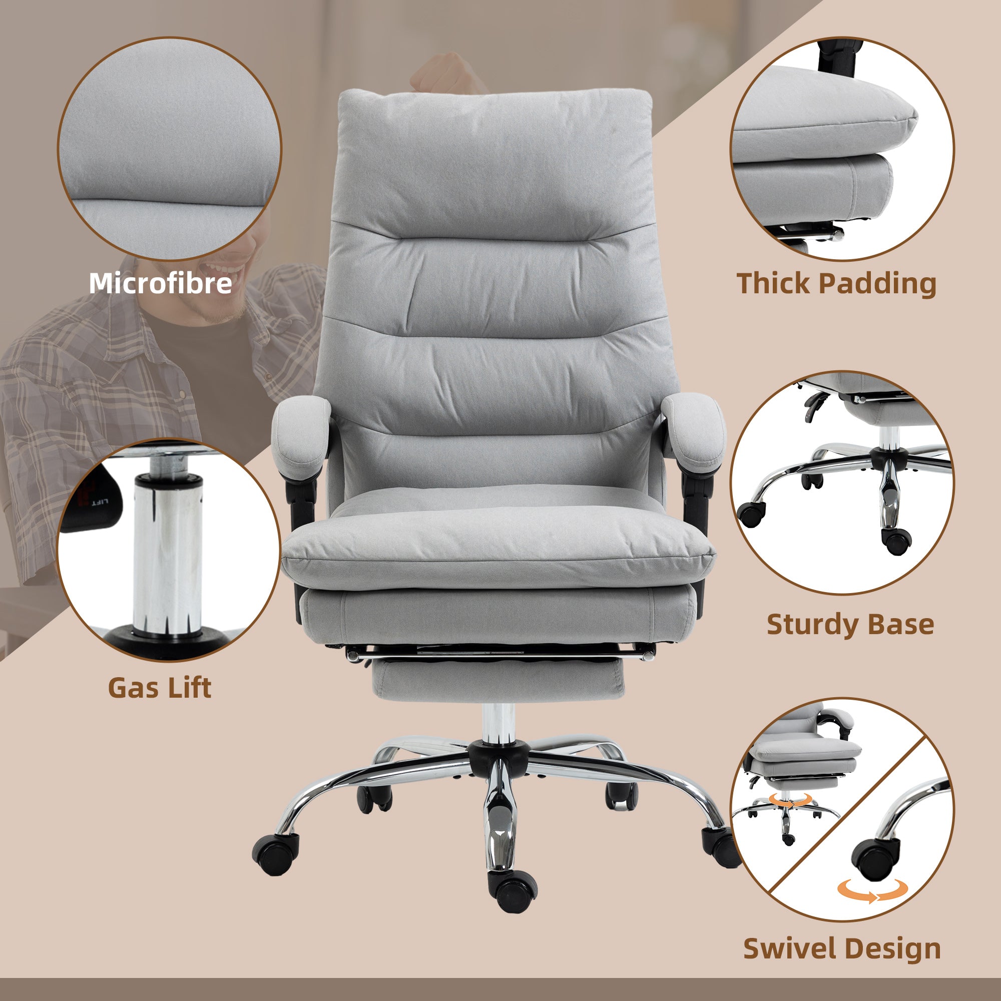 Vinsetto Office Chair, Ergonomic Desk Chair with 6-Point Vibration Massage and Back Heating, Microfibre Computer Gaming Chair with 135\'c2\'b0 Reclining Back and Footrest, Grey