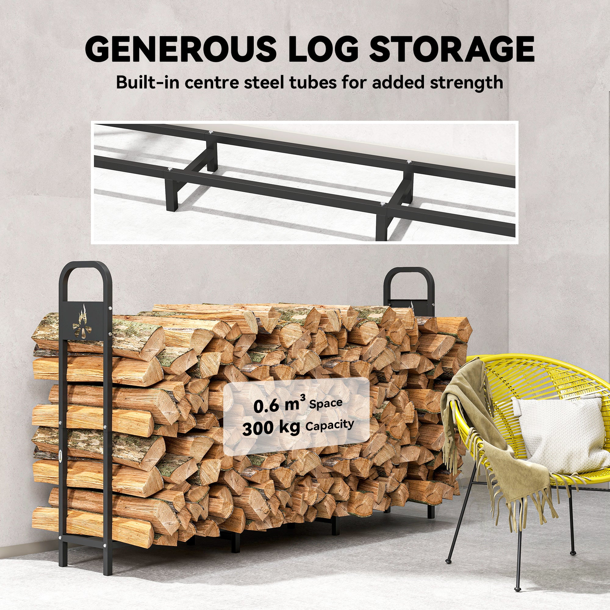 Outsunny 6.5 FT Steel Firewood Log Rack with 300 kg Capacity, Heavy Duty Indoor Outdoor Fireplace Wood Storage Shelf, Log Holder/Stand with Extra Support Legs, Decorative Bonfire Pattern, Black