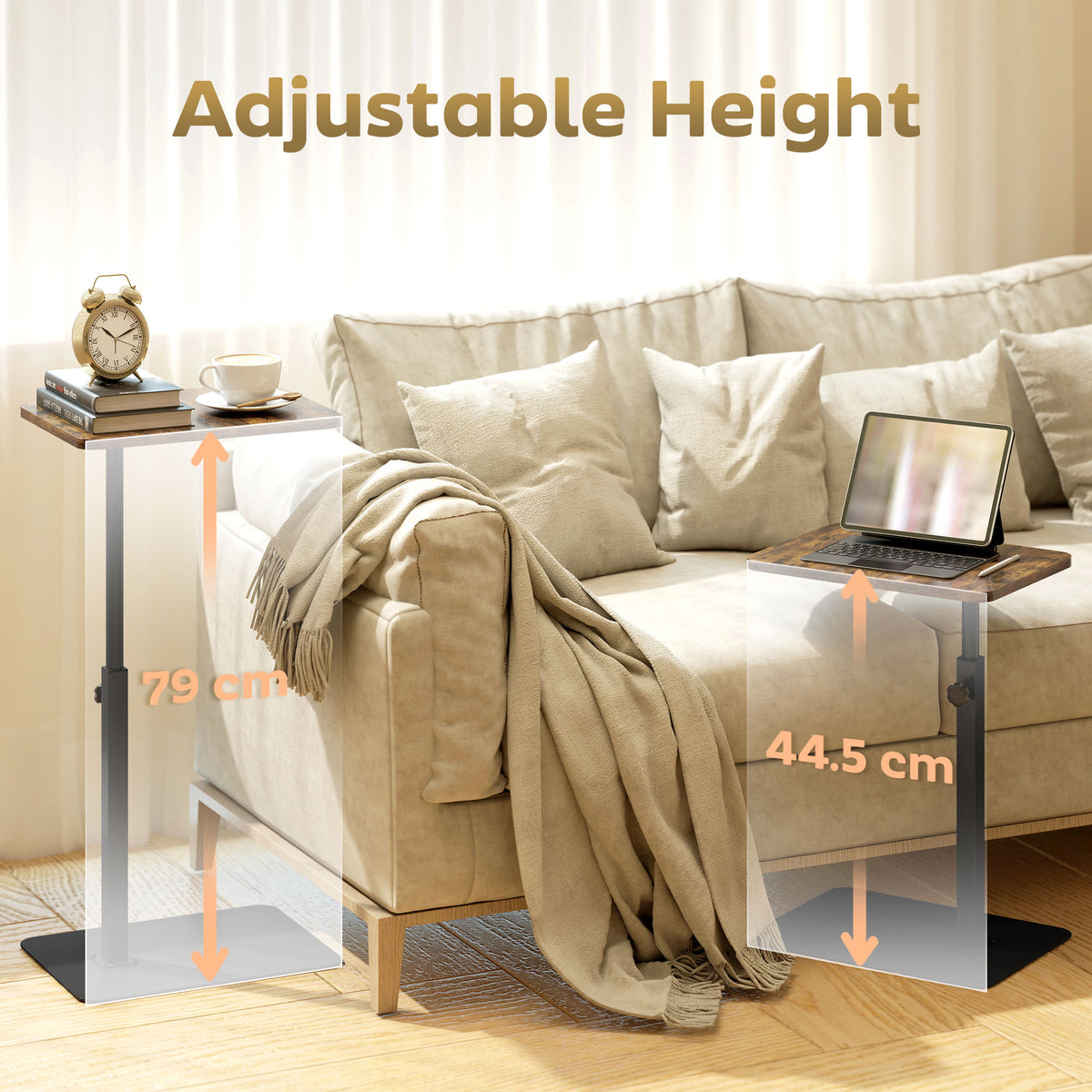 HOMCOM C Shaped Side Table, Small End Table with Adjustable Height and Metal Base for Living Room, Bedroom, Rustic Brown
