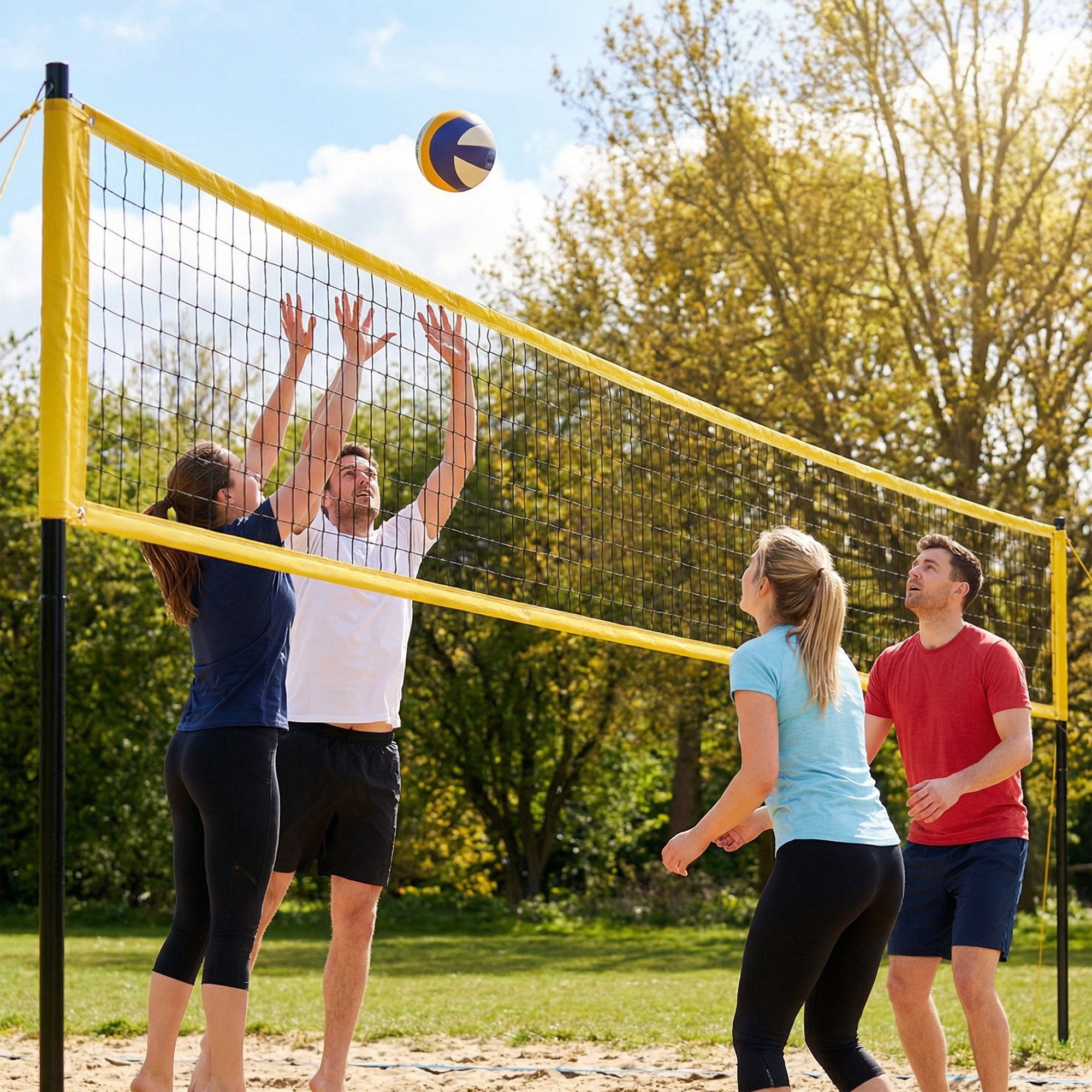 SPORTNOW Portable Volleyball Net Set with Adjustable Height Steel Poles, Volleyball, Boundary Line and Carrying Bag for Beach