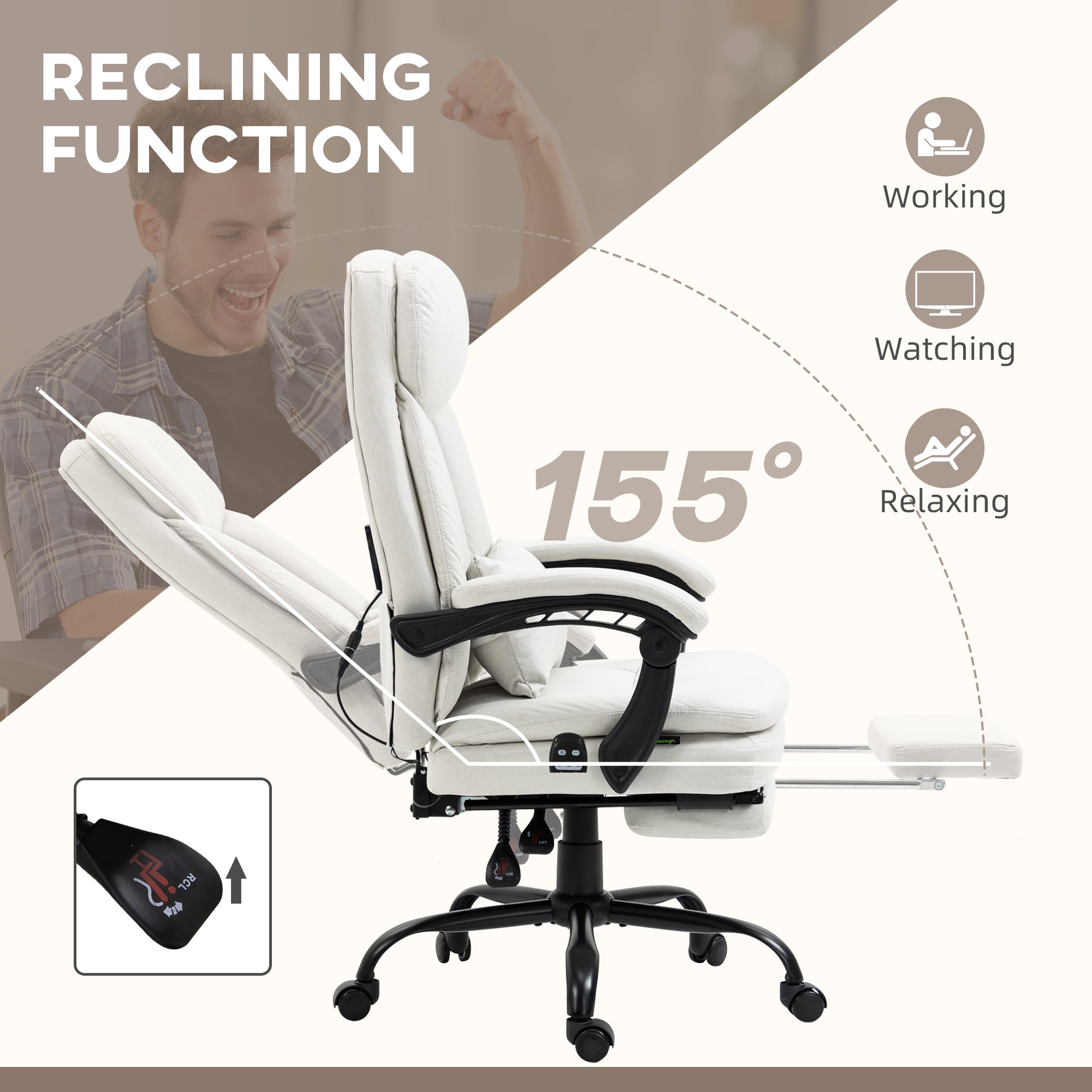 Vinsetto Office Chair, Ergonomic Desk Chair with 6-Point Vibration Massage and Lumbar Heating, Computer Chair with Lumbar Support Pillow, 155\'c2\'b0 Reclining Back and Footrest, Cream White