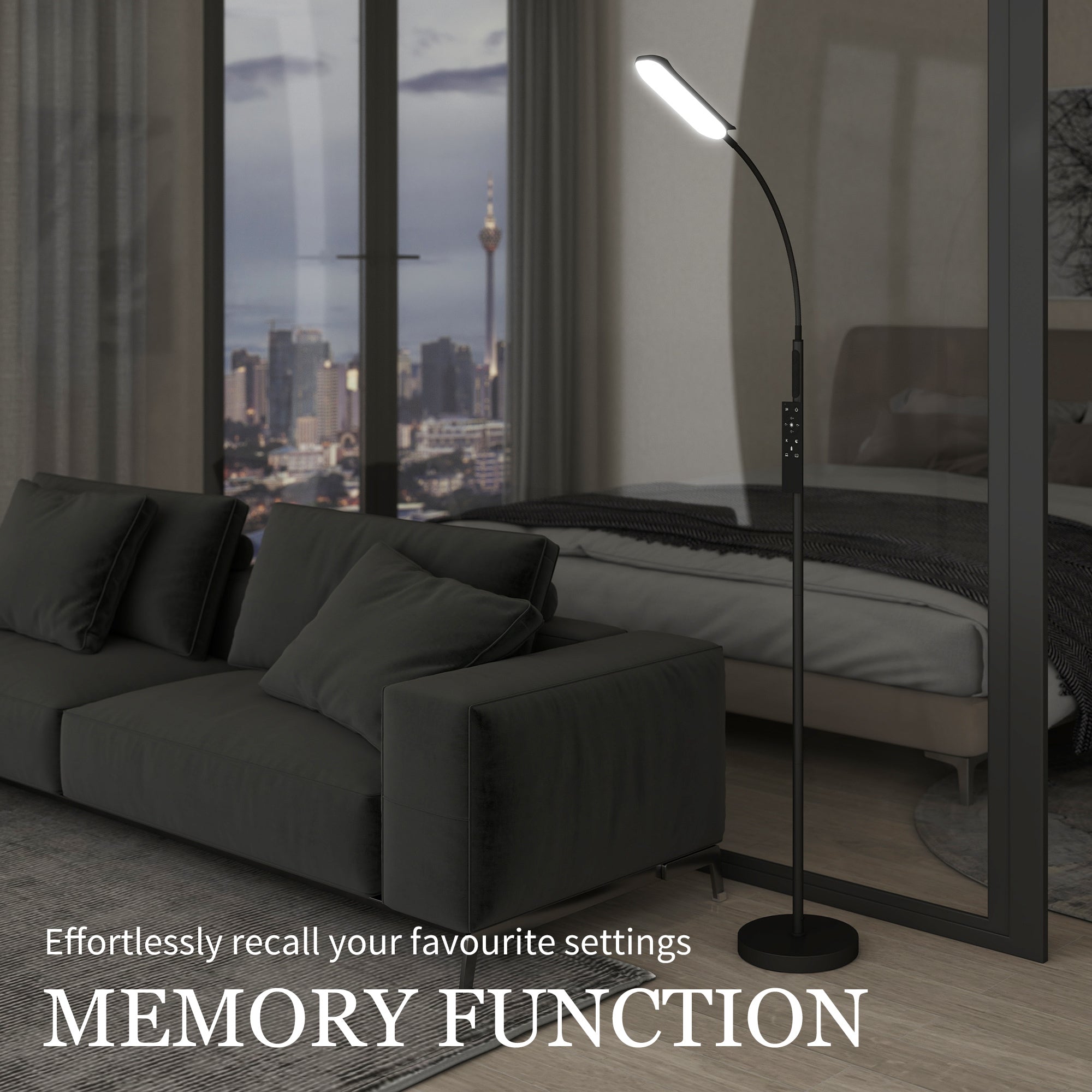 HOMCOM LED Floor Lamp, Standing Lamp with Remote & Touch Control, Stepless Dimmable Colours Temperature & Brightness, 360° Adjustable Gooseneck, 1 Hour Timer, Memory Function for Living Room, Black