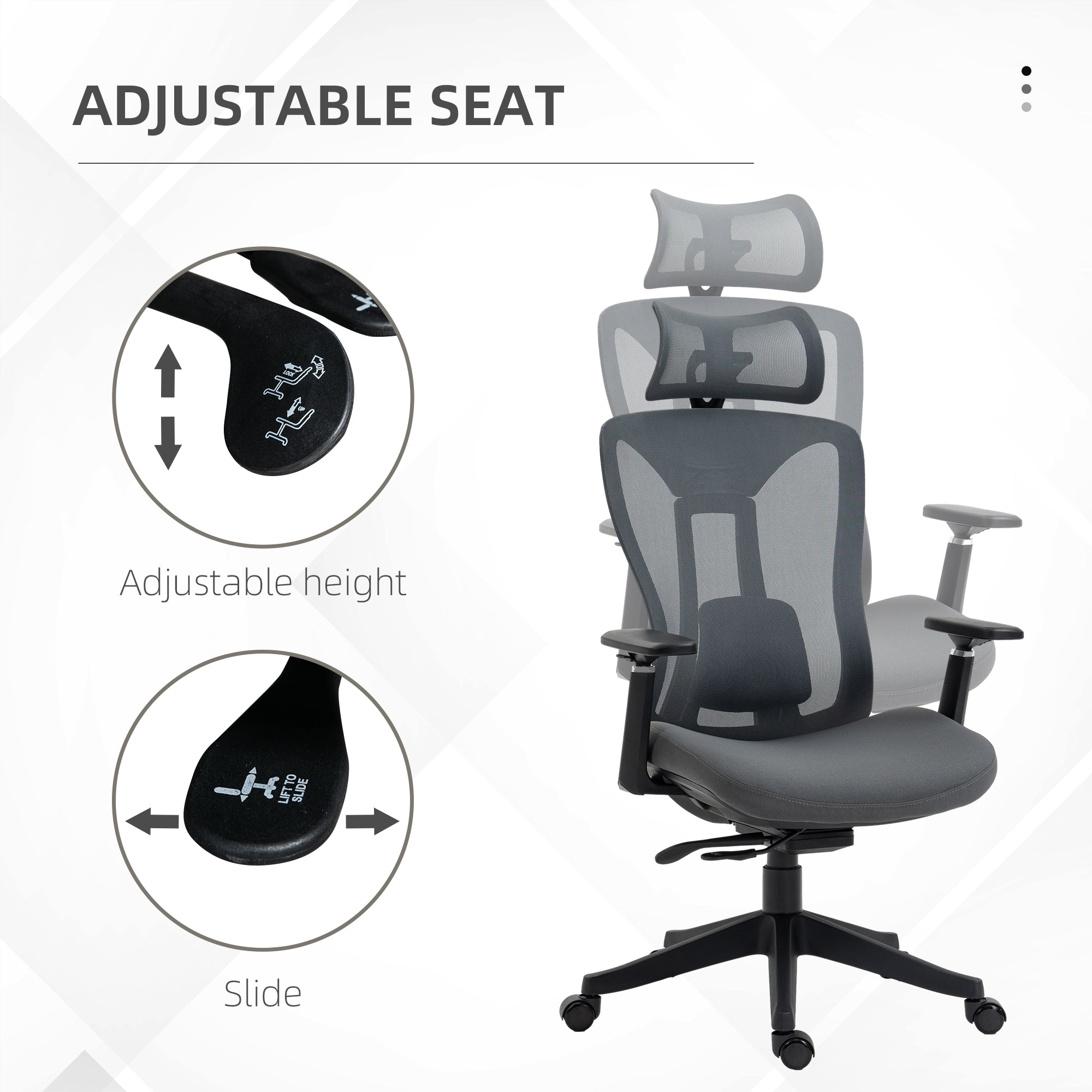 Vinsetto Mesh Office Chair, Ergonomic Desk Chair, Computer Chair with Adjustable Headrest and Lumbar Support, 135\'c2\'b0 Reclining Back and 3D Armrest for Home Office Study, Grey