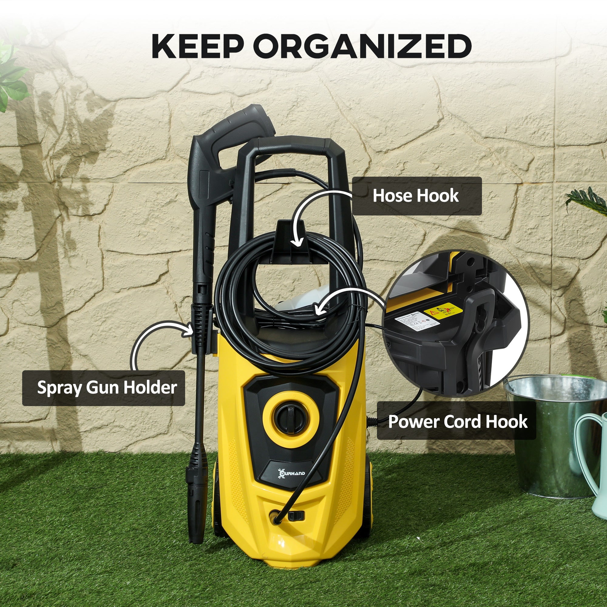 DURHAND 1800W High\'c2\'a0Pressure\'c2\'a0Washer, 150 Bar Pressure, 510 L/h Flow, High-Performance Portable Power Washer Jet Wash Cleaner with 6M Hose, Snow Foam Bottle for Garden, Car, Furniture, Yellow