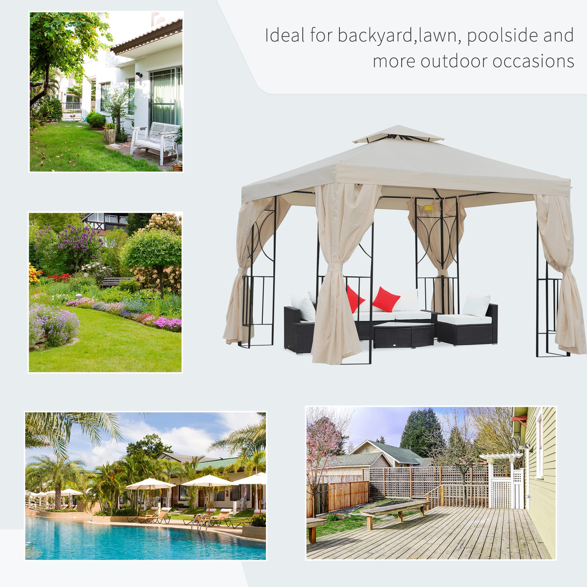 Outsunny 3 x 3 m Garden Gazebo Double Roof Marquee Patio Wedding Party Tent Canopy Shelter with Sidewalls, (Beige)