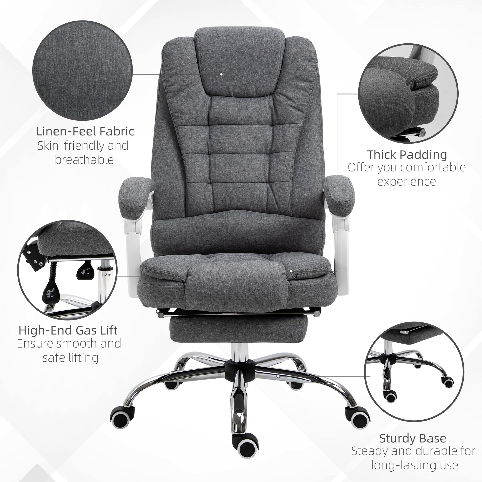 Vinsetto Office Chair, Computer Desk Chair, Linen Fabric Swivel Rolling Task Chair with Large Soft Padded Cushion, 135\'c2\'b0 Reclining Backrest and Retractable Footrest, Grey