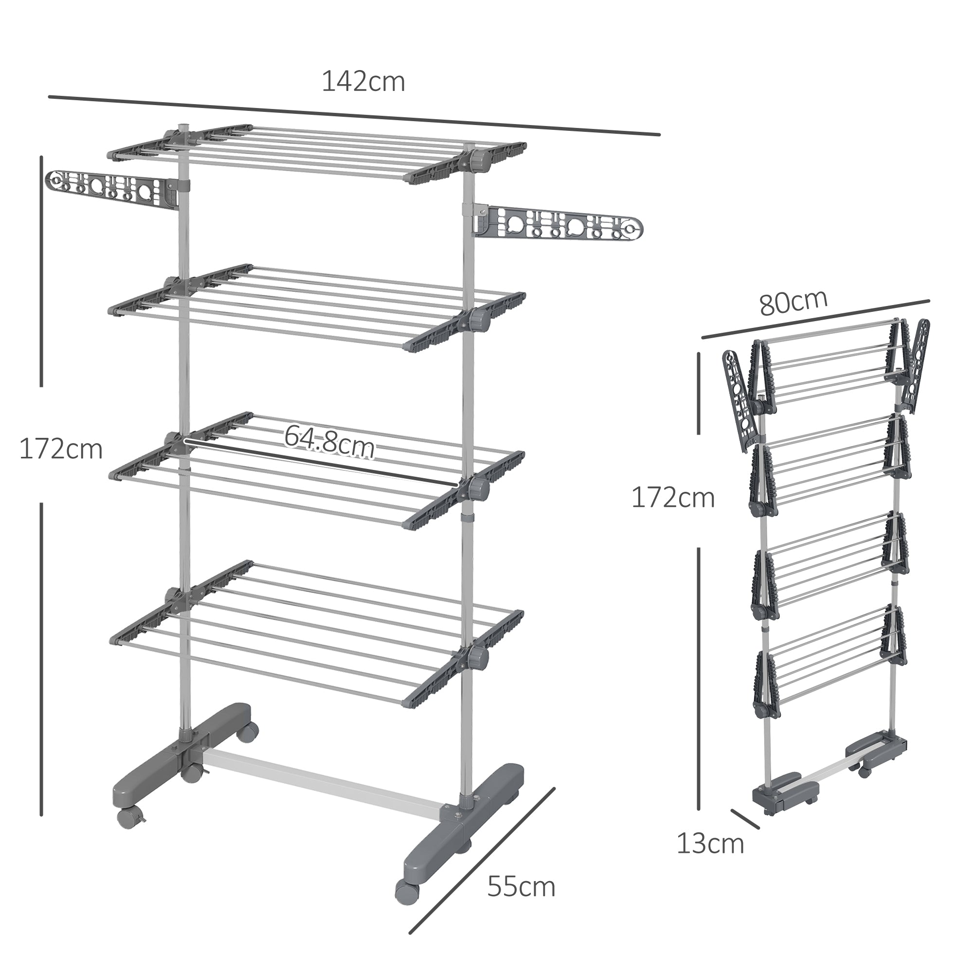 HOMCOM Four-Shelf Collapsing Clothes Horse, With Side Arms and Wheels - Grey