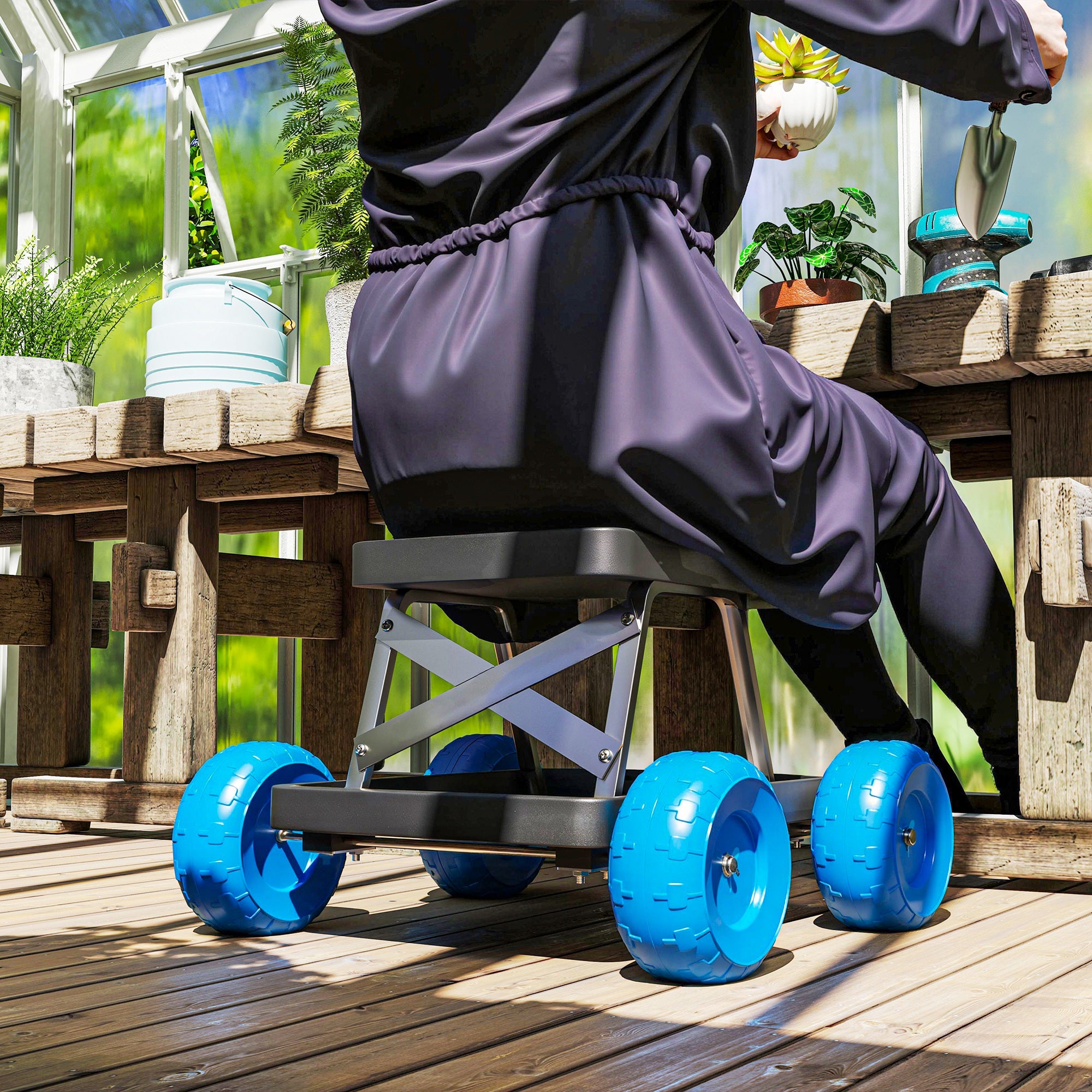 Outsunny Garden Cart with Wheels, Garden Stool Trolley with Tool Tray, Rolling Garden Seat for Weeding, Planting, Blue