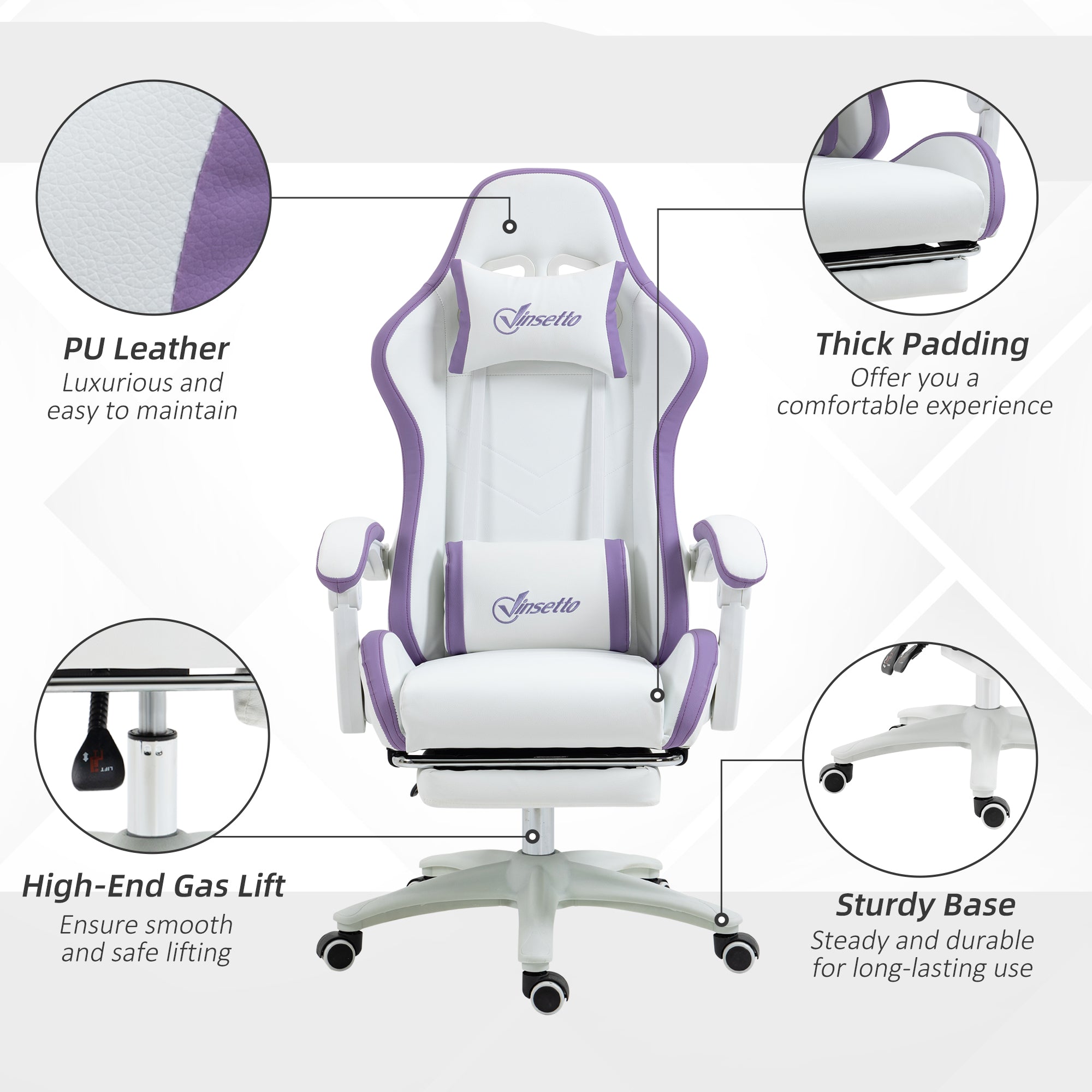 Vinsetto Computer Gaming Chair, PU Leather Desk Chair with Footrest, Swivel Task Chair with 135\'c2\'b0 Reclining Back and Lumbar Support, PC Chair for Adults, White and Purple