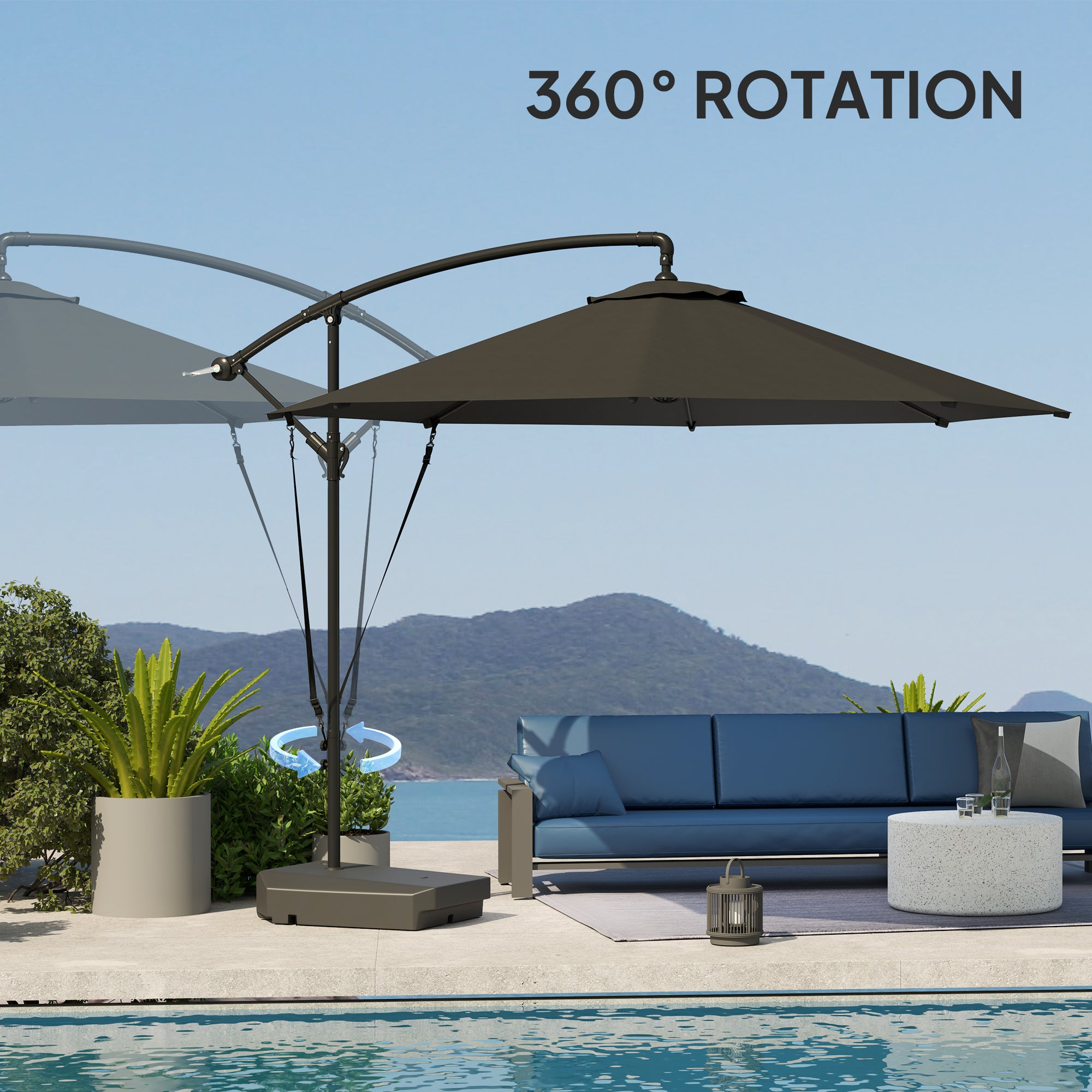 Outsunny 3(m) Garden Cantilever Parasol with Fillable Base, Wind Protection Strap, Cover, Round Banana Hanging Umbrella with Crank Handle and Tilt, Patio Umbrella for Outdoor Sun Shade, UPF50+, Grey