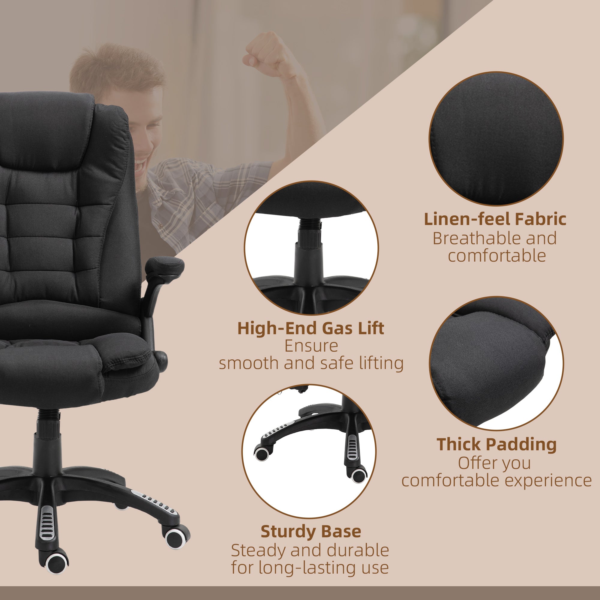 Vinsetto Massage Recliner Chair Heated Office Chair with Six Massage Points Linen-Feel Fabric 360\'c2\'b0 Swivel Wheels Black
