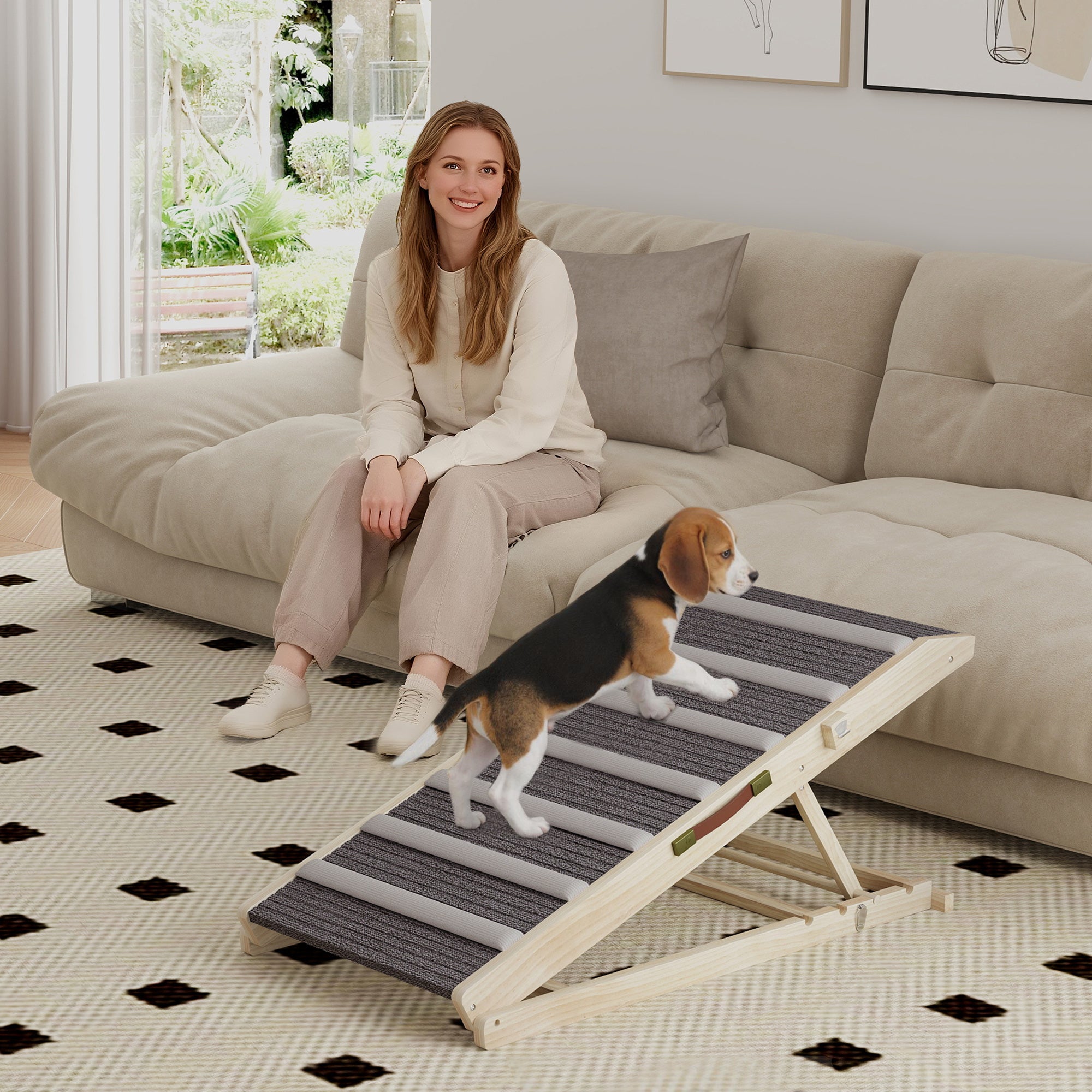 PawHut Dog Ramp for Couch, Adjustable Folding Pet Ramp, 4 Adjustable Height Dog Climbing Ladder, 35/43/47/50 cm Height