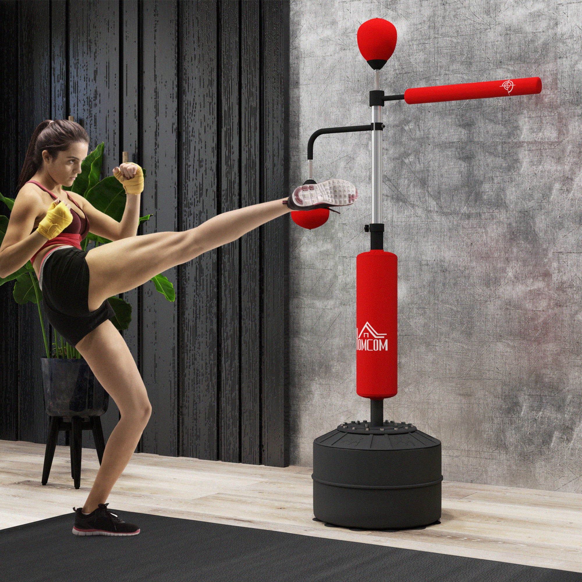 HOMCOM 3-in-1 Boxing Punching Bag, Freestanding with 2 Speed Bals, 360\'c2\'b0 Reflex Bar, 160-230cm Adjustable Height, Red
