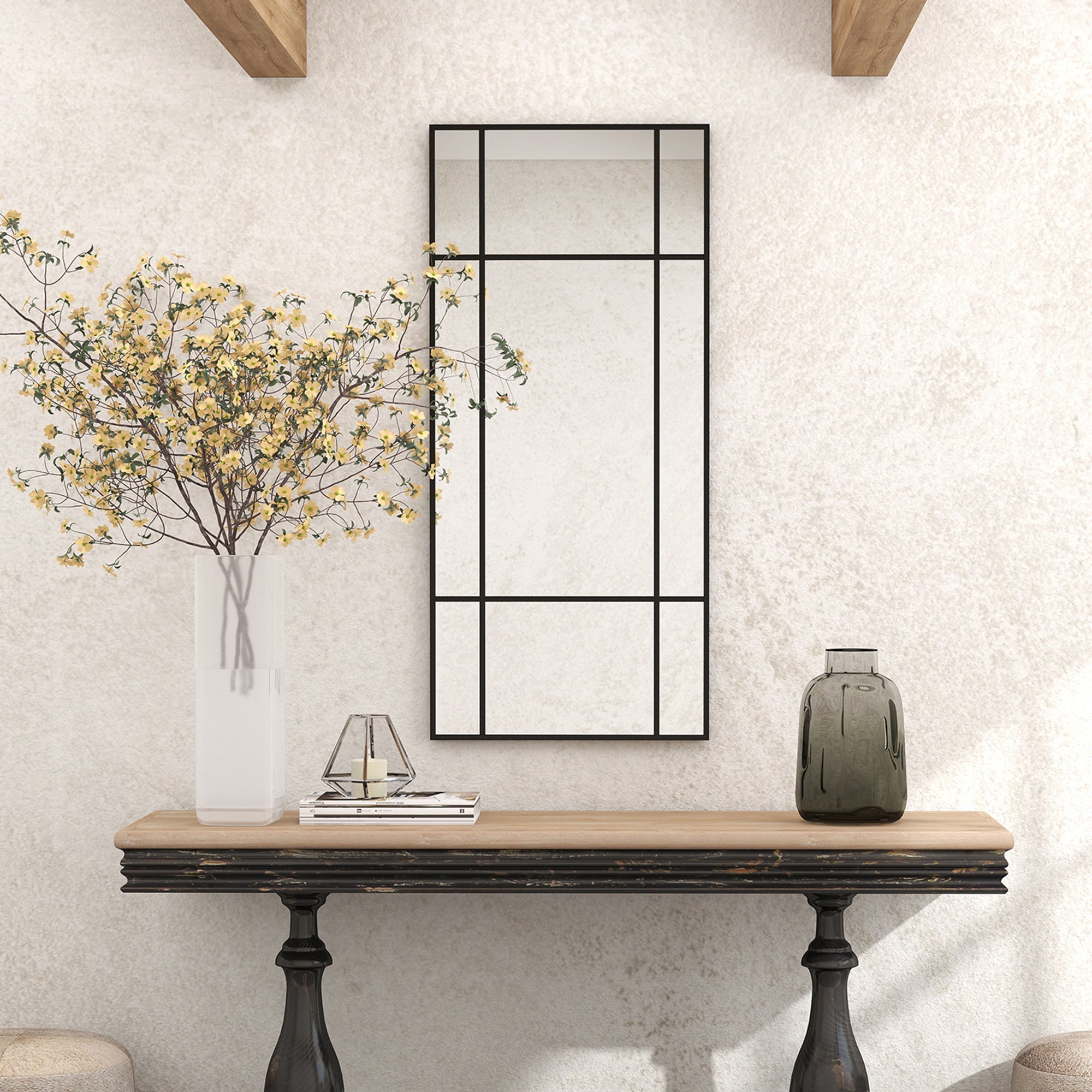 HOMCOM Decorative Grid Wall Mirror, with Back Hooks - Black