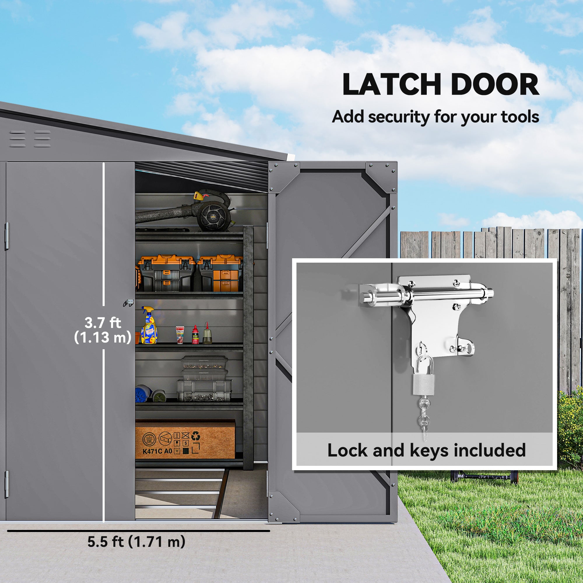 Outsunny 5 x 9ft Galvanised Metal Garden Shed with Foundation Kit, Outdoor Lean-to Shed, Tool Storage House with Lockable Doors, Gloves and 2 Air Vents for Patio, Garden, Grey