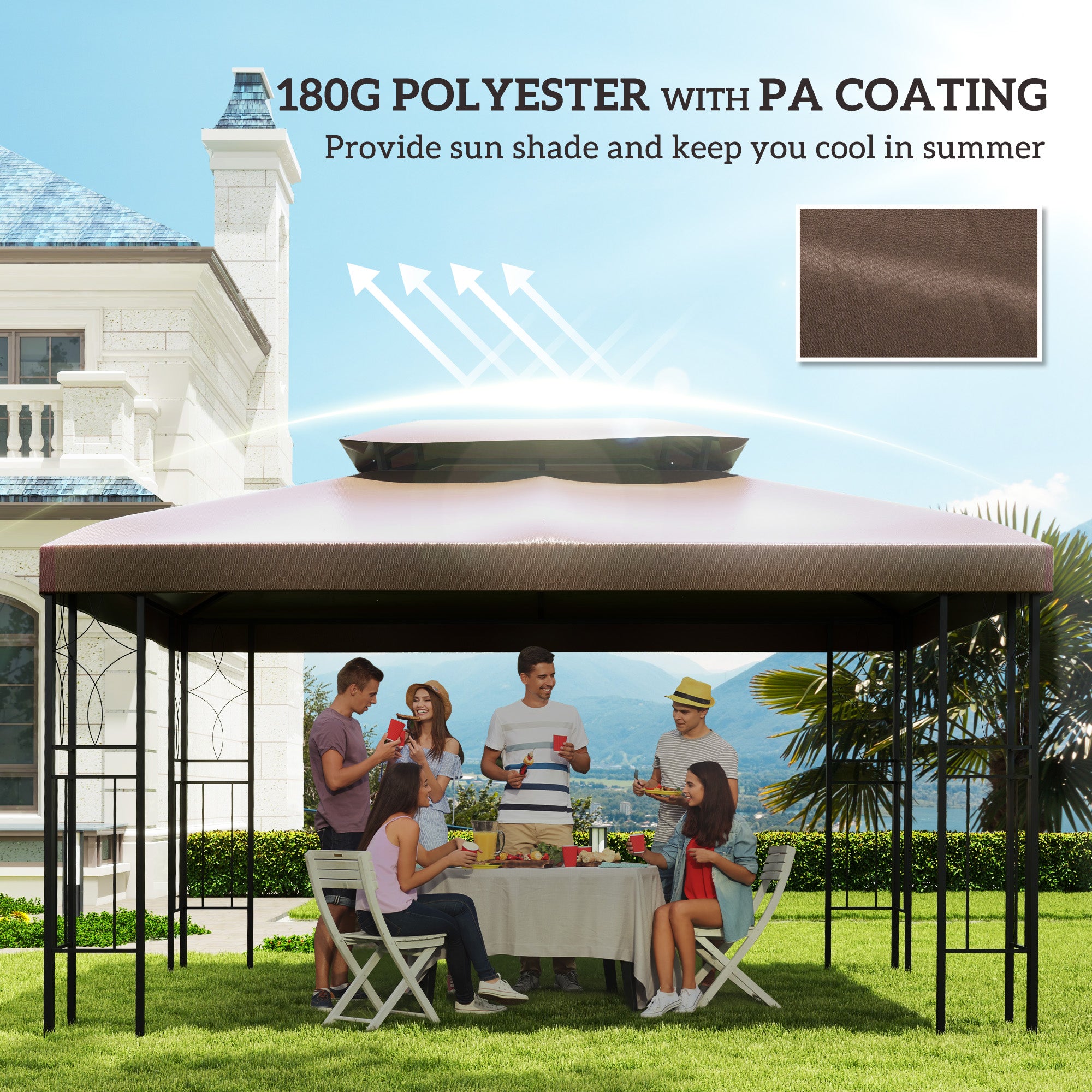 Outsunny 3x4m Gazebo Canopy Replacement Cover, 2 Tier Top Roof UV Cover Garden Patio Outdoor Sun Awning Shelters, Brown (TOP COVER ONLY)