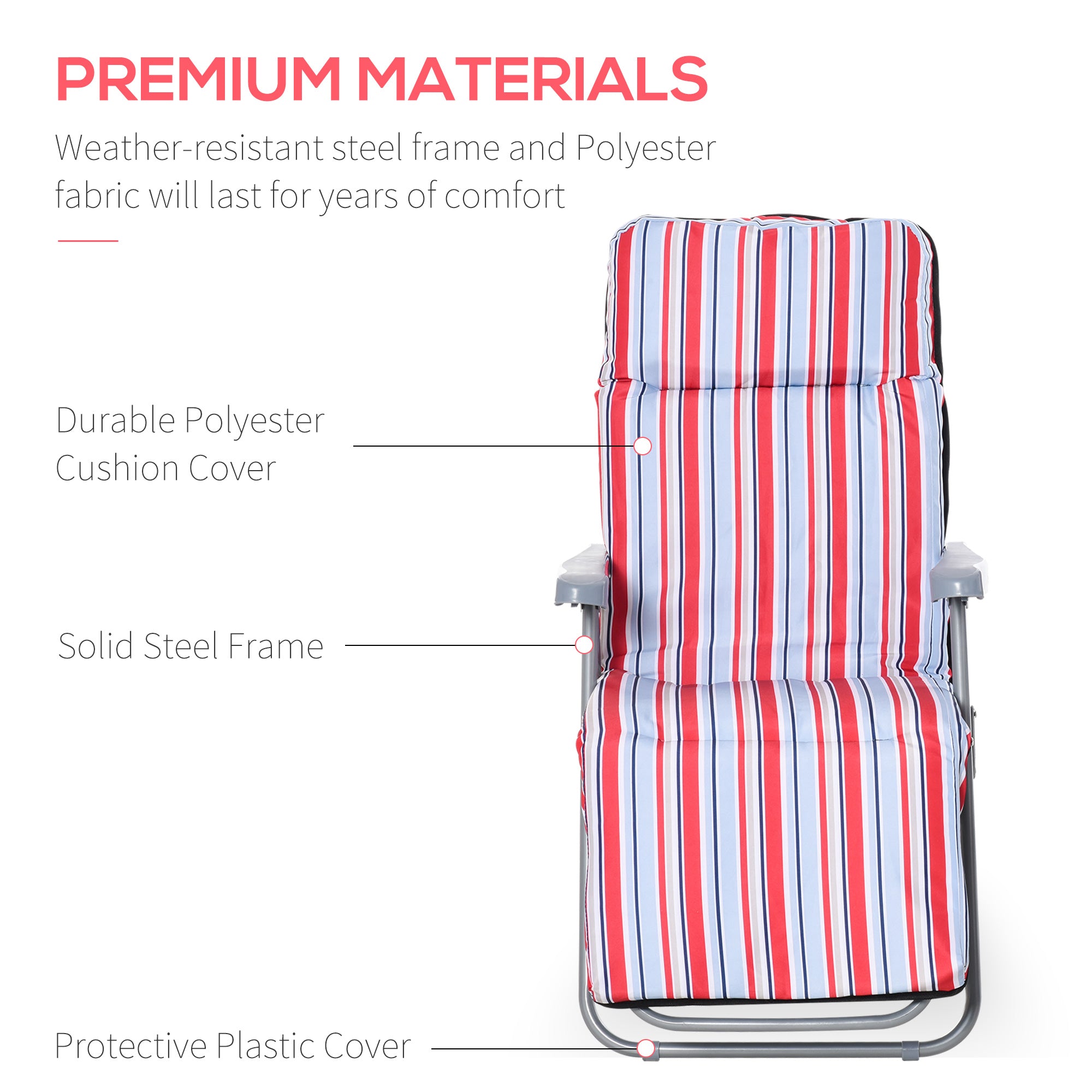 Outsunny Set of 2 Garden Sun Lounger Outdoor Reclining Seat Cushioned Seat Foldable Adjustable Recliner Red and White