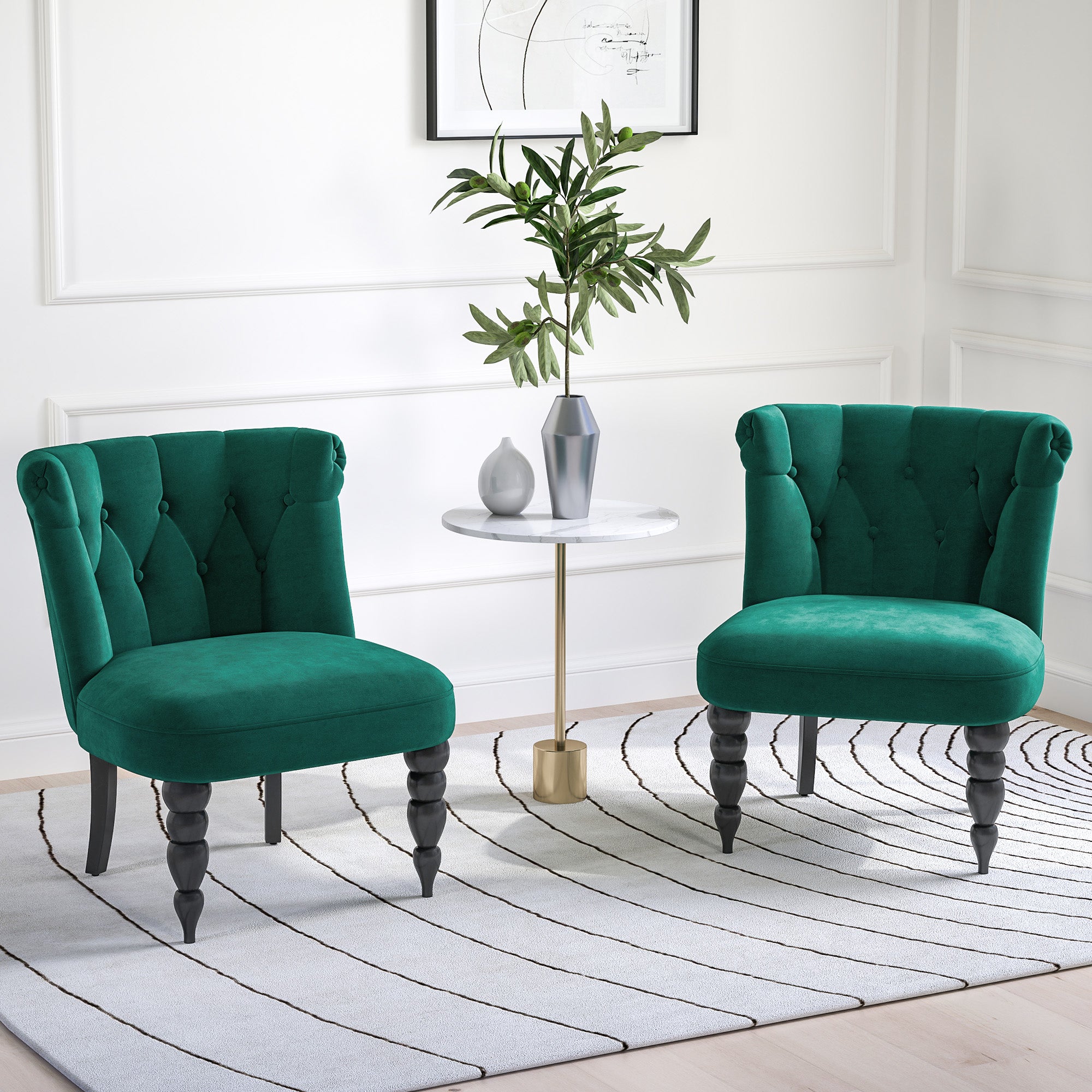HOMCOM Velvet Accent Chair Set of 2, Button Tufted Wingback Chair with Rubber Wood Legs for Living Room, Bedroom, Dark Green