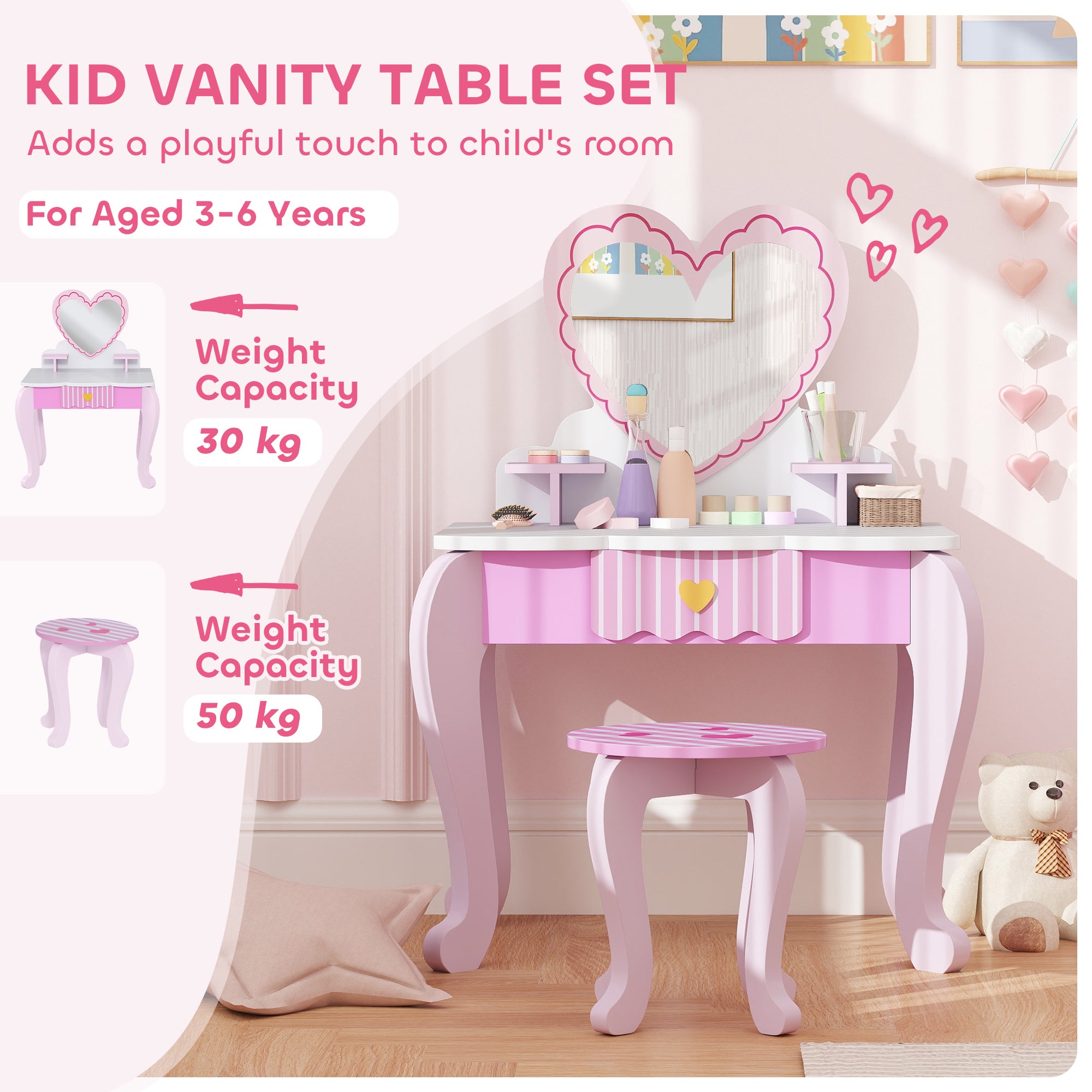 AIYAPLAY Kids Dressing Table Set, Vanity Table with Stool, Mirror, Drawer, Desktop Storage, Heart Theme, Pink
