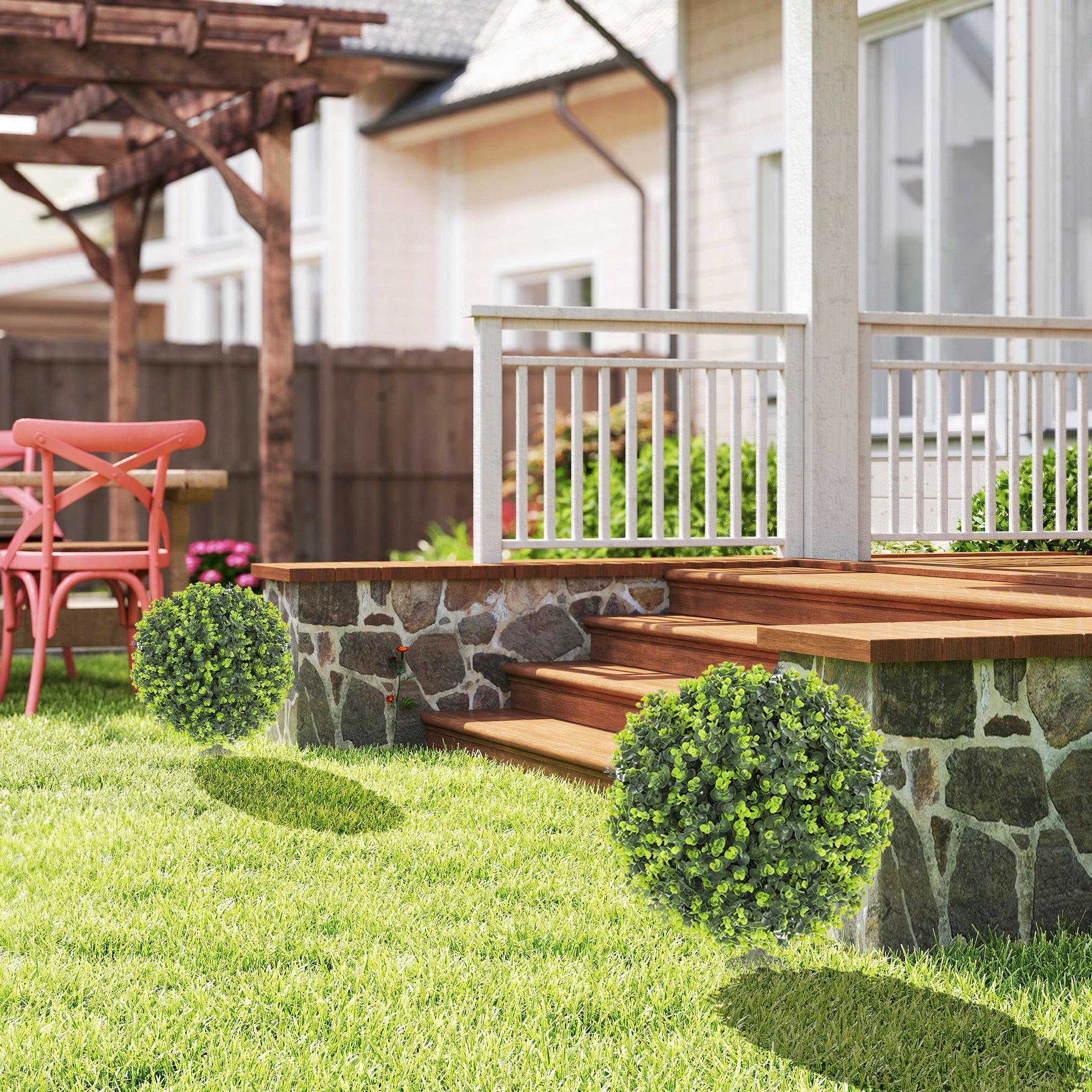 HOMCOM Set of 2 40 cm Artificial Boxwood Topiary Ball Bush with Integrated Ground Stake, Indoor Outdoor UV Resistant Faux Greenery, Faux Plants for Garden, Porch, Balcony