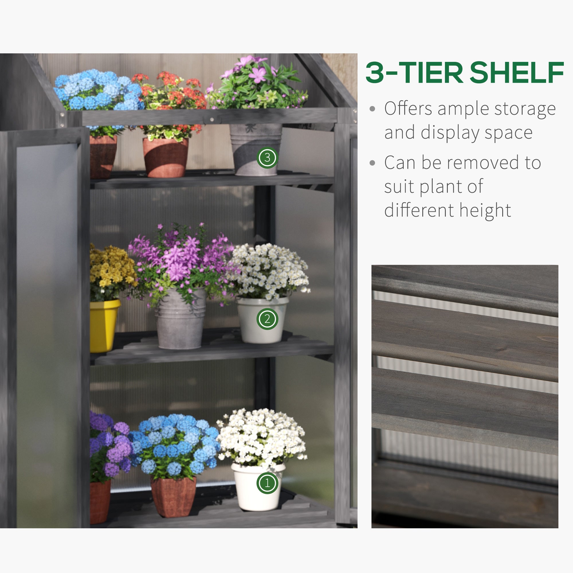 Outsunny Wooden Cold Frame Polycarbonate Greenhouse with Openable Top Cover and Double Door, Grow House for Flower, Vegetable and Plants, 70 x 50 x 120cm, Grey