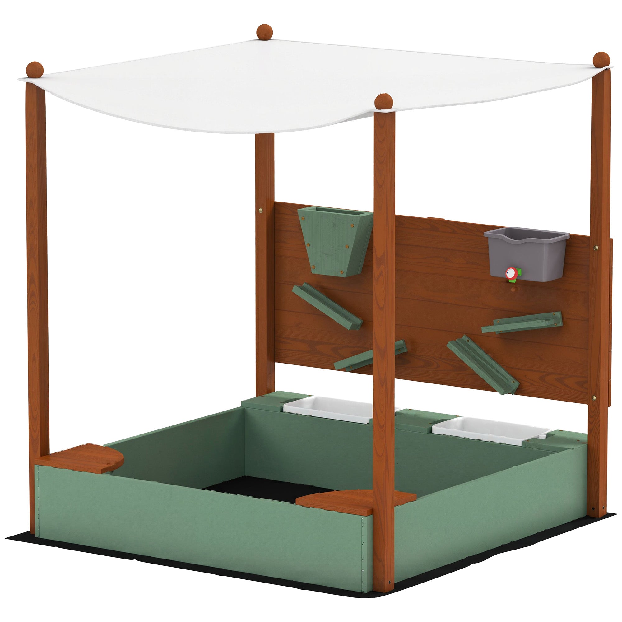 AIYAPLAY Wood Sandpit with Canopy, Storage Bins, Funnel, Liner, Chutes, Bucket with Tap, 116 x 112.5 x 128 cm, Green