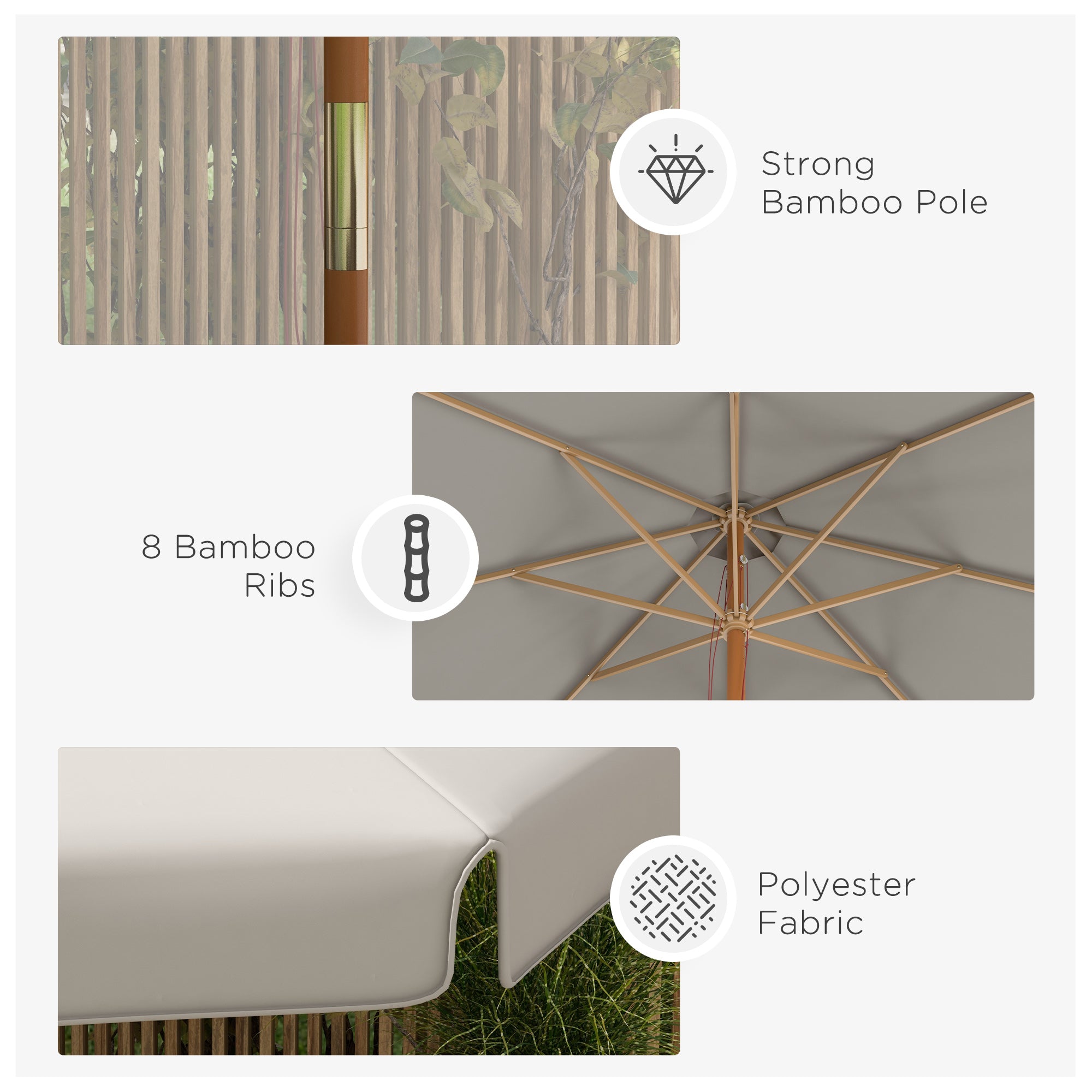 Outsunny 3.3(m) Garden Parasol Umbrella, Outdoor Sun Shade Canopy with 8 Bamboo Ribs, Ruffles and Wood Pole, Grey