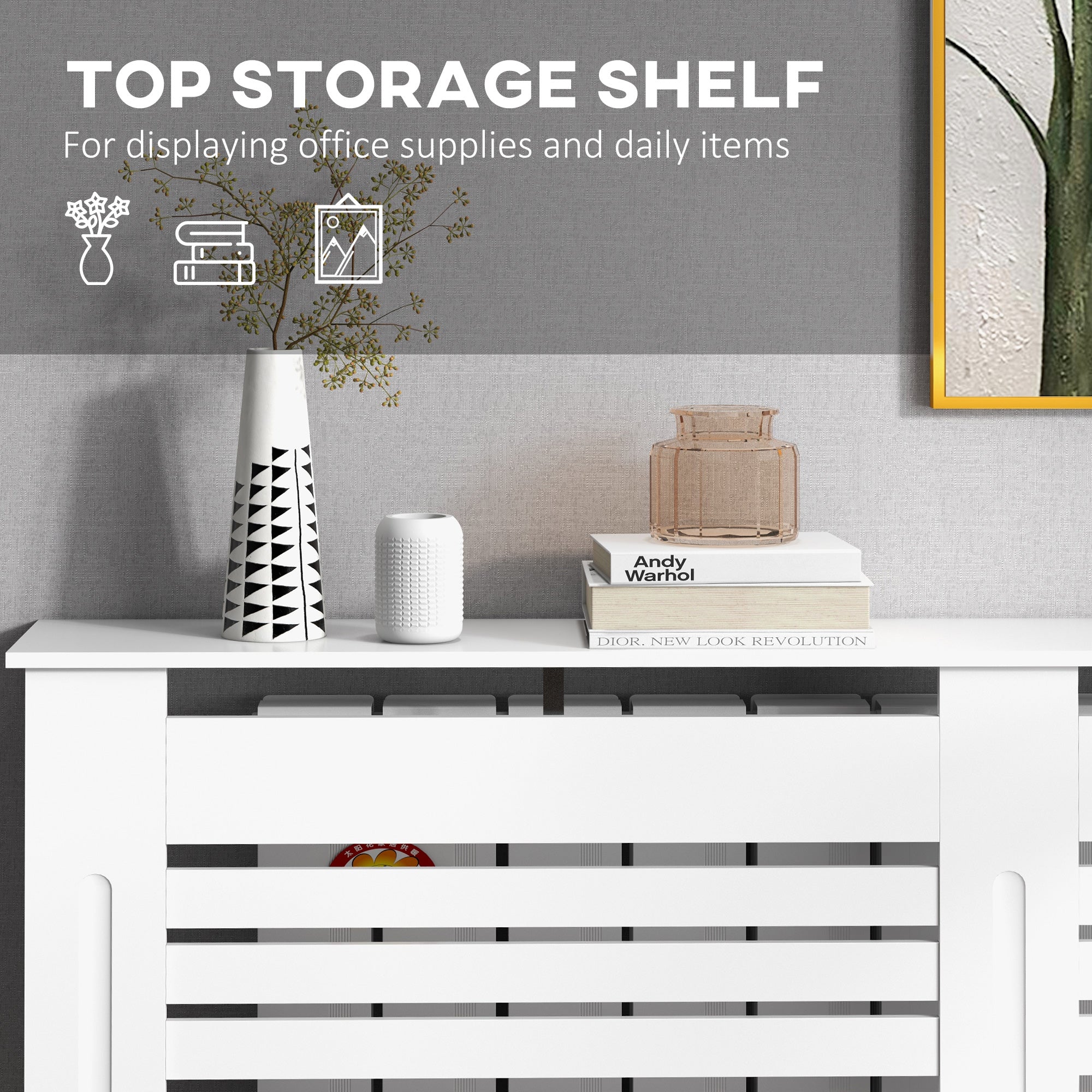 HOMCOM Radiator Cover, Modern MDF White Painted Cabinet with Horizontal Slats for Living Room, Bedroom, 152L x 19W x 81H cm
