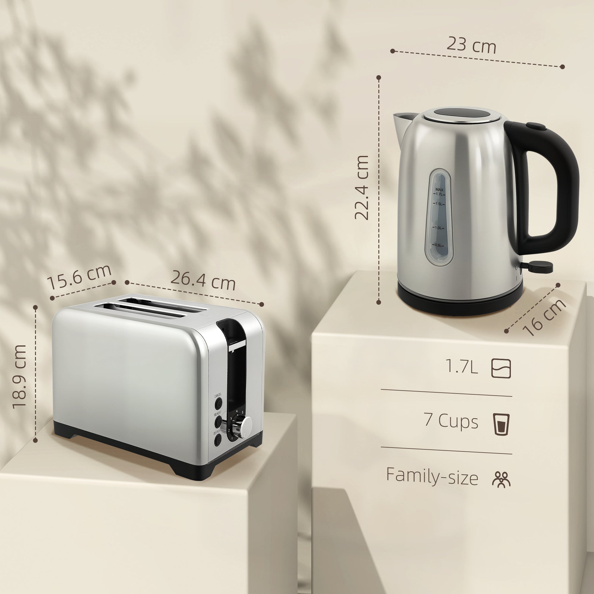 HOMCOM Simple Polished Toaster and Kettle Set - Silver Tone